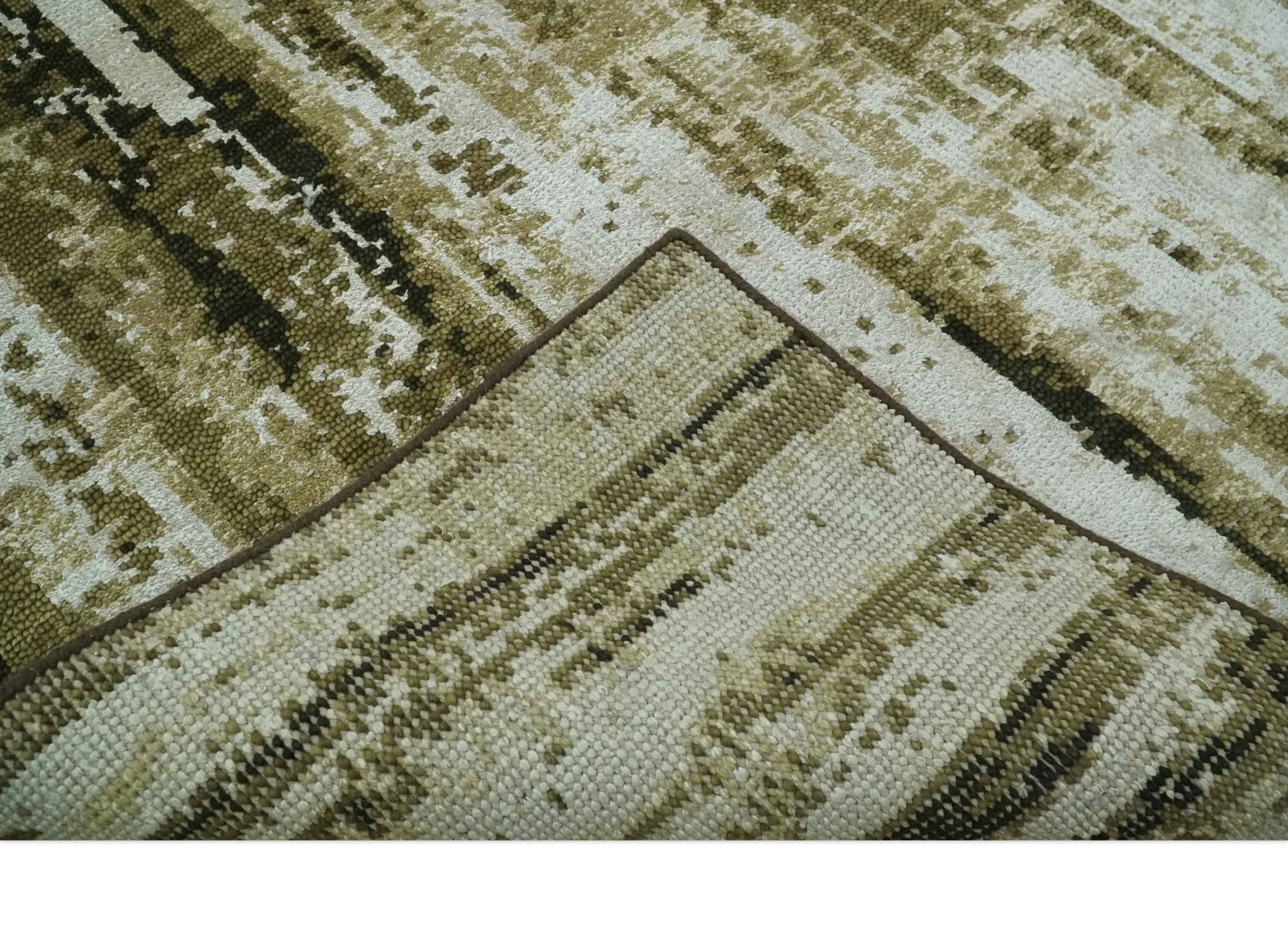 Modern Abstract Olive, ivory and Green Hand Knotted 5x8 wool and Art Silk Area Rug - Image 6
