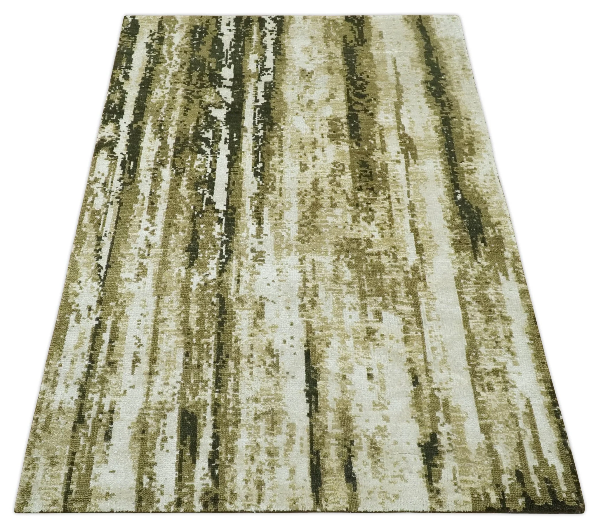 Modern Abstract Olive, ivory and Green Hand Knotted 5x8 wool and Art Silk Area Rug - Image 9