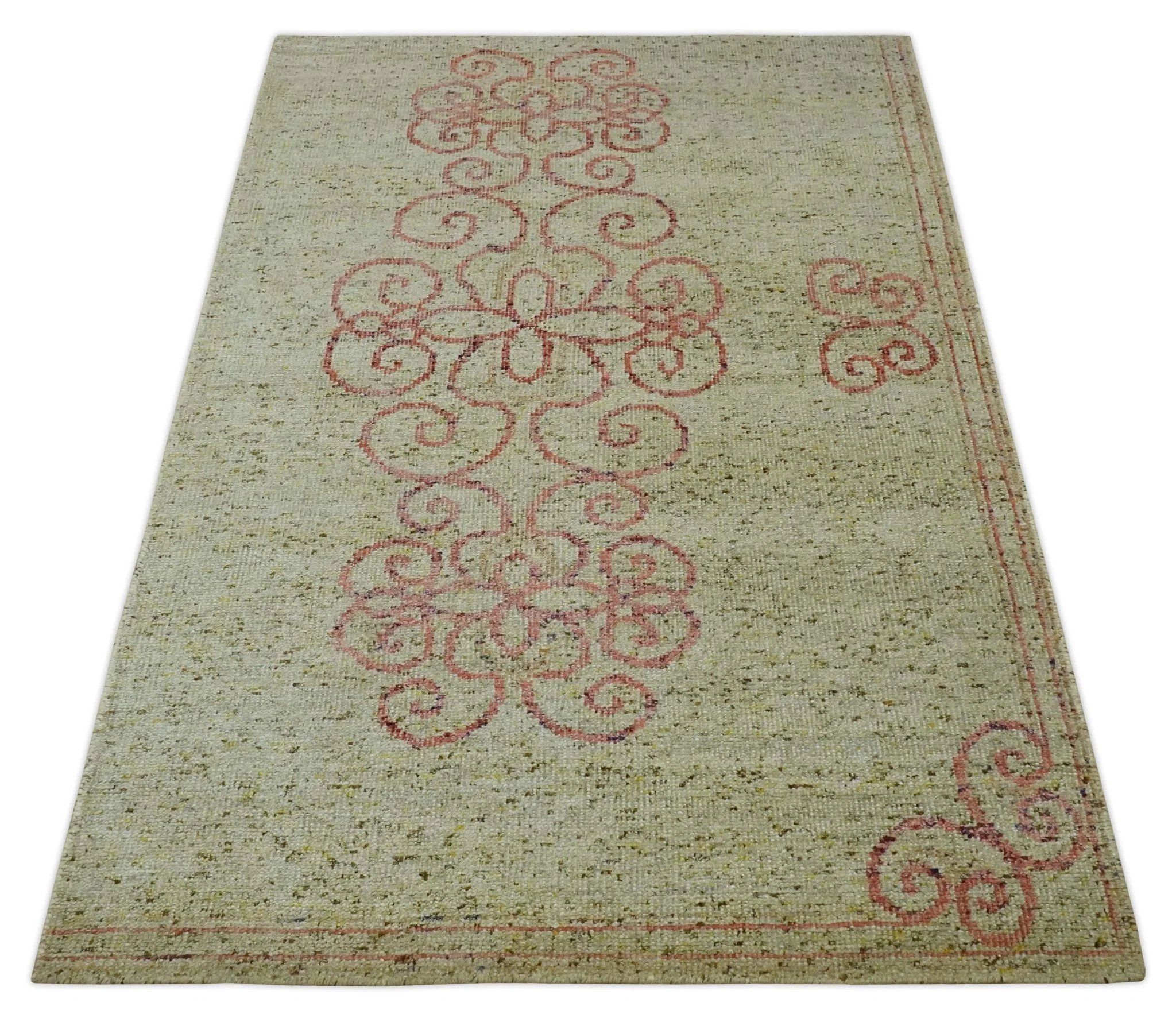 5x8 Olive, Silver and dark Peach Hand Knotted Traditional Floral wool area Rug - Image 10