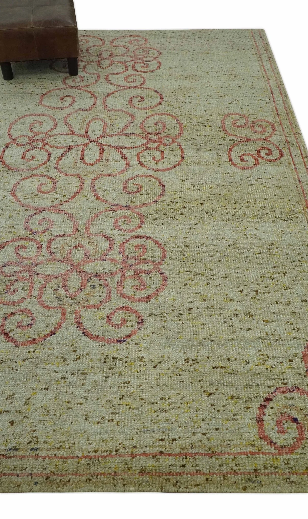 5x8 Olive, Silver and dark Peach Hand Knotted Traditional Floral wool area Rug - Image 3