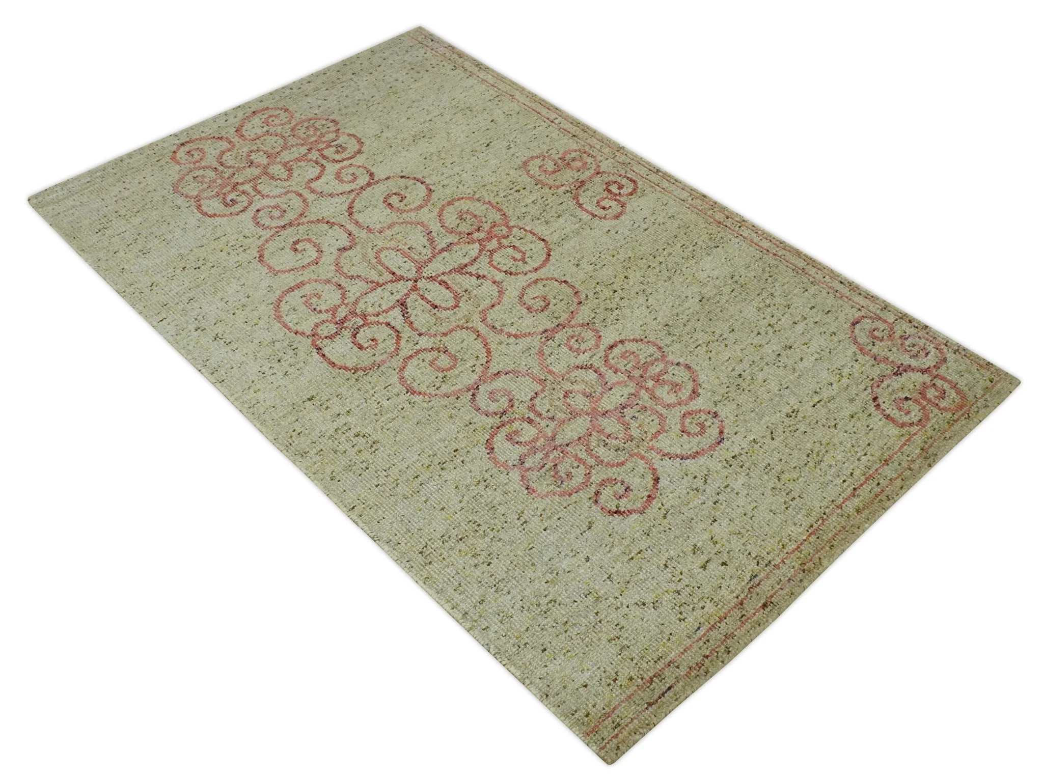5x8 Olive, Silver and dark Peach Hand Knotted Traditional Floral wool area Rug - Image 9