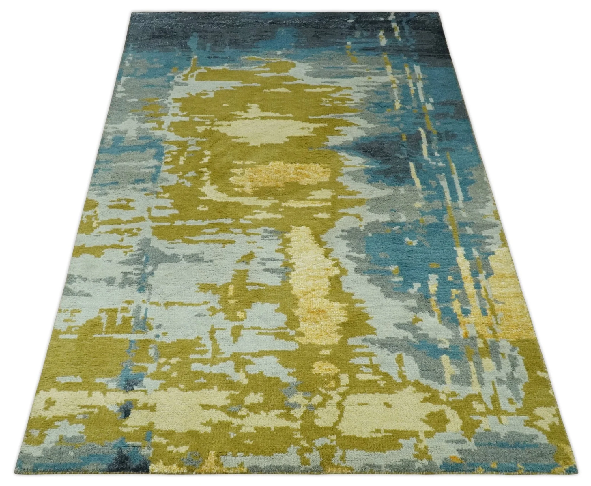 Modern Abstract Olive, Silver, Blue and Charcoal 5x8 Hand Knotted wool Area Rug - Image 10