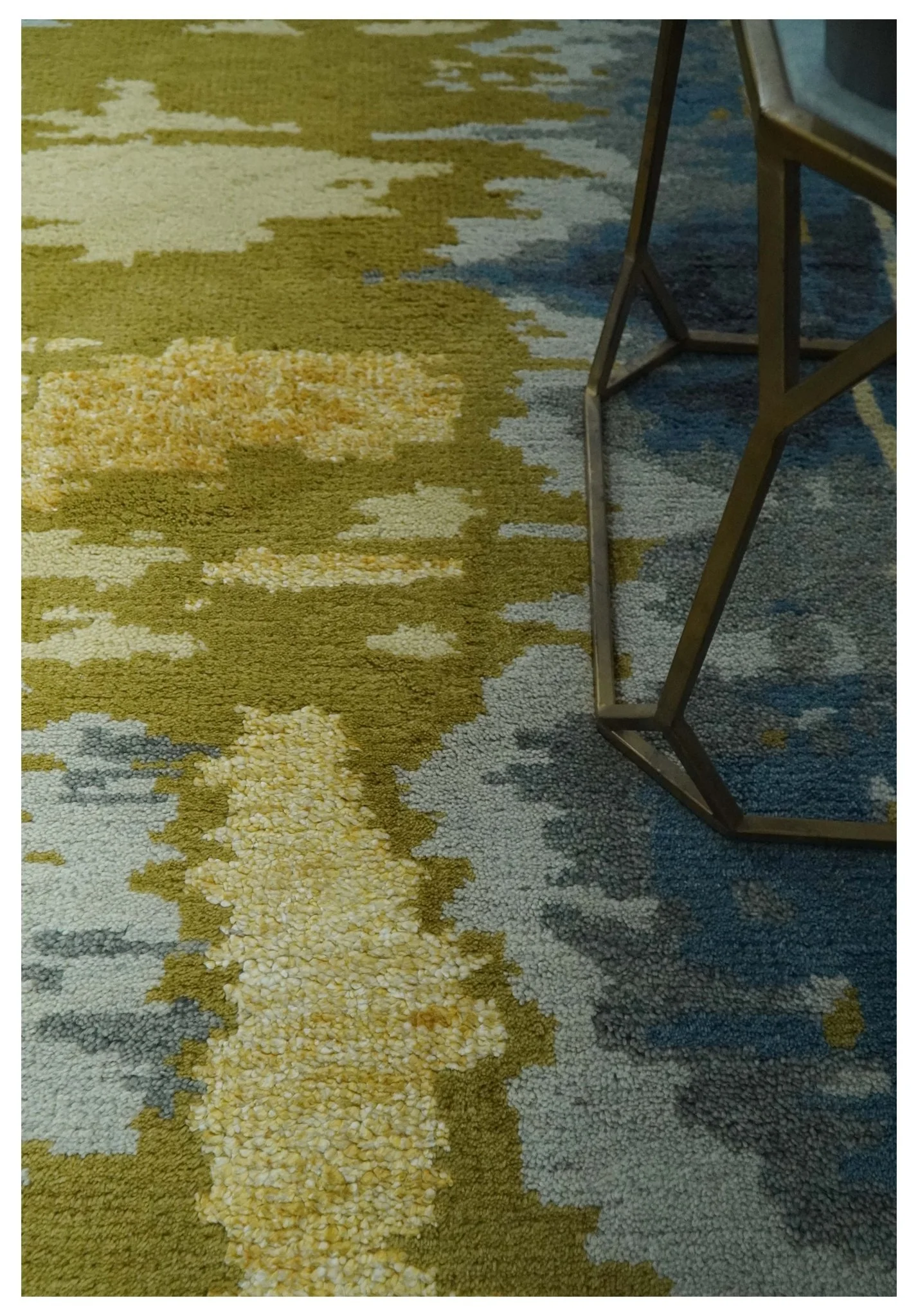 Modern Abstract Olive, Silver, Blue and Charcoal 5x8 Hand Knotted wool Area Rug - Image 2