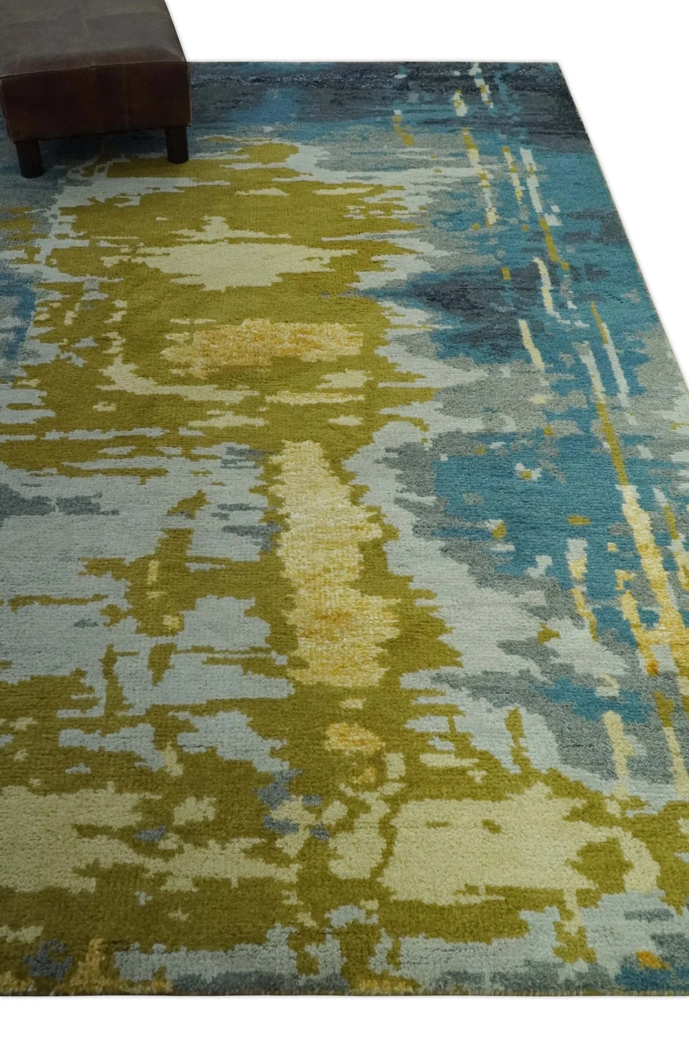 Modern Abstract Olive, Silver, Blue and Charcoal 5x8 Hand Knotted wool Area Rug - Image 3