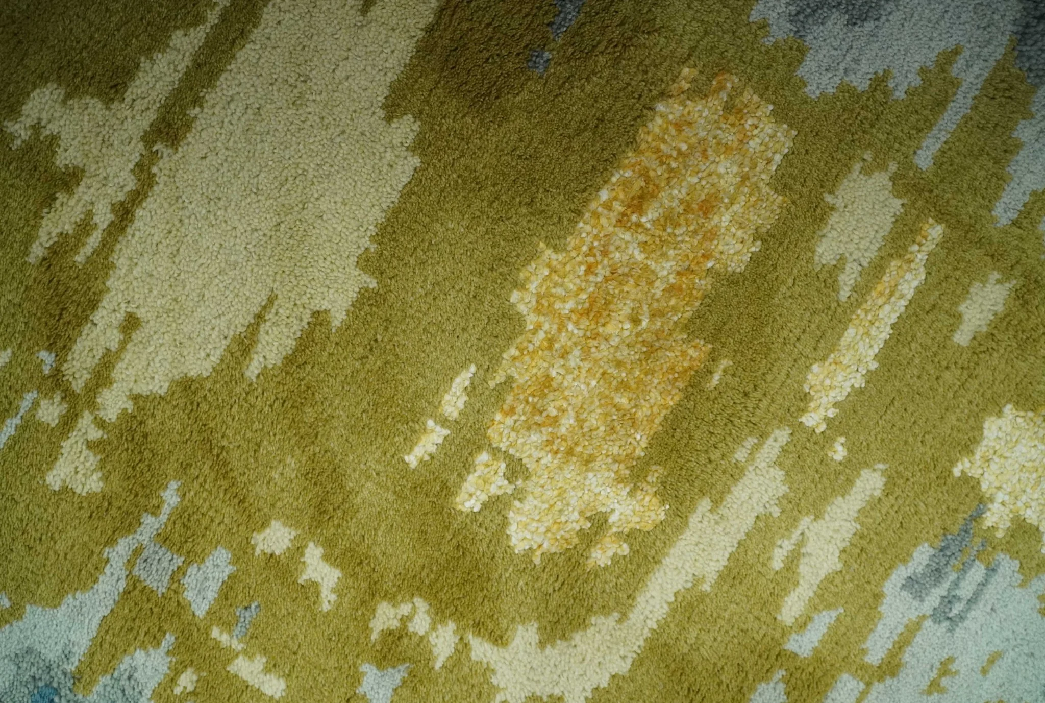 Modern Abstract Olive, Silver, Blue and Charcoal 5x8 Hand Knotted wool Area Rug - Image 4