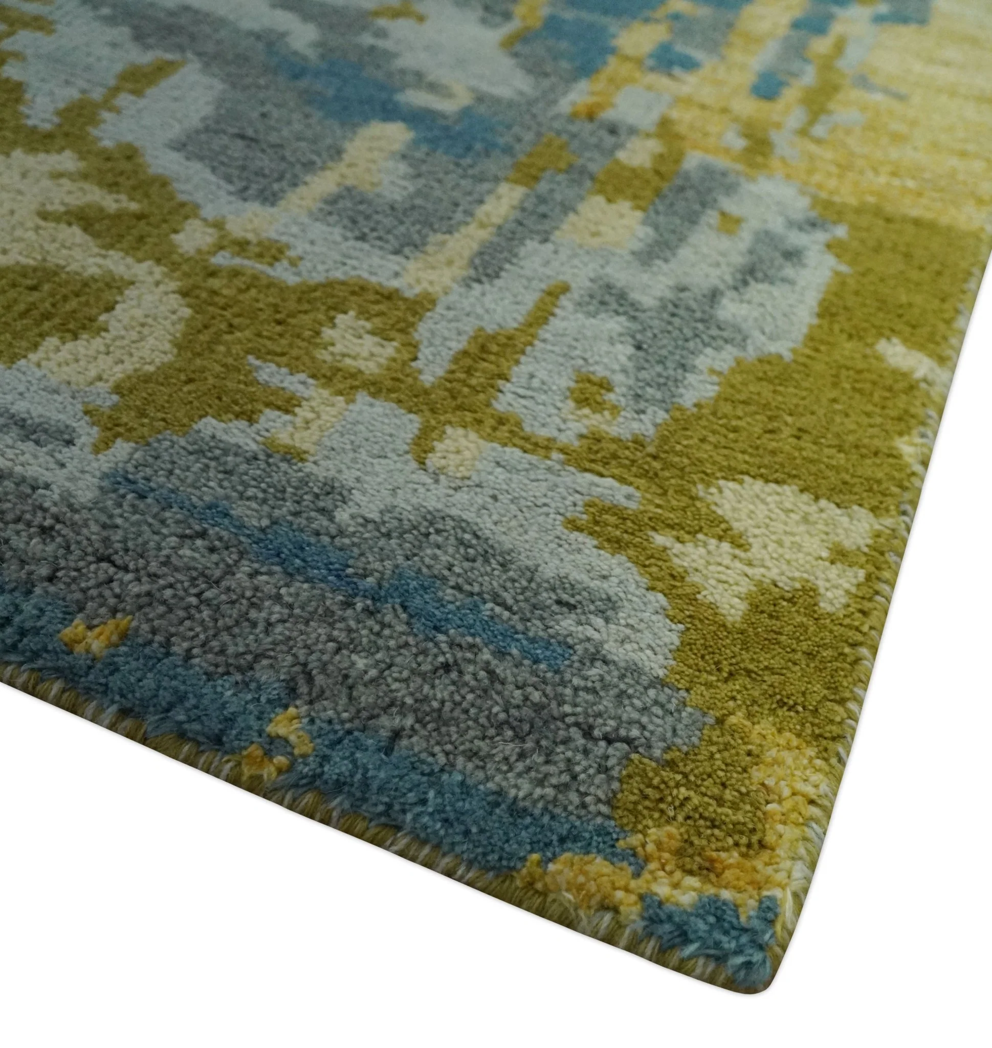 Modern Abstract Olive, Silver, Blue and Charcoal 5x8 Hand Knotted wool Area Rug - Image 5