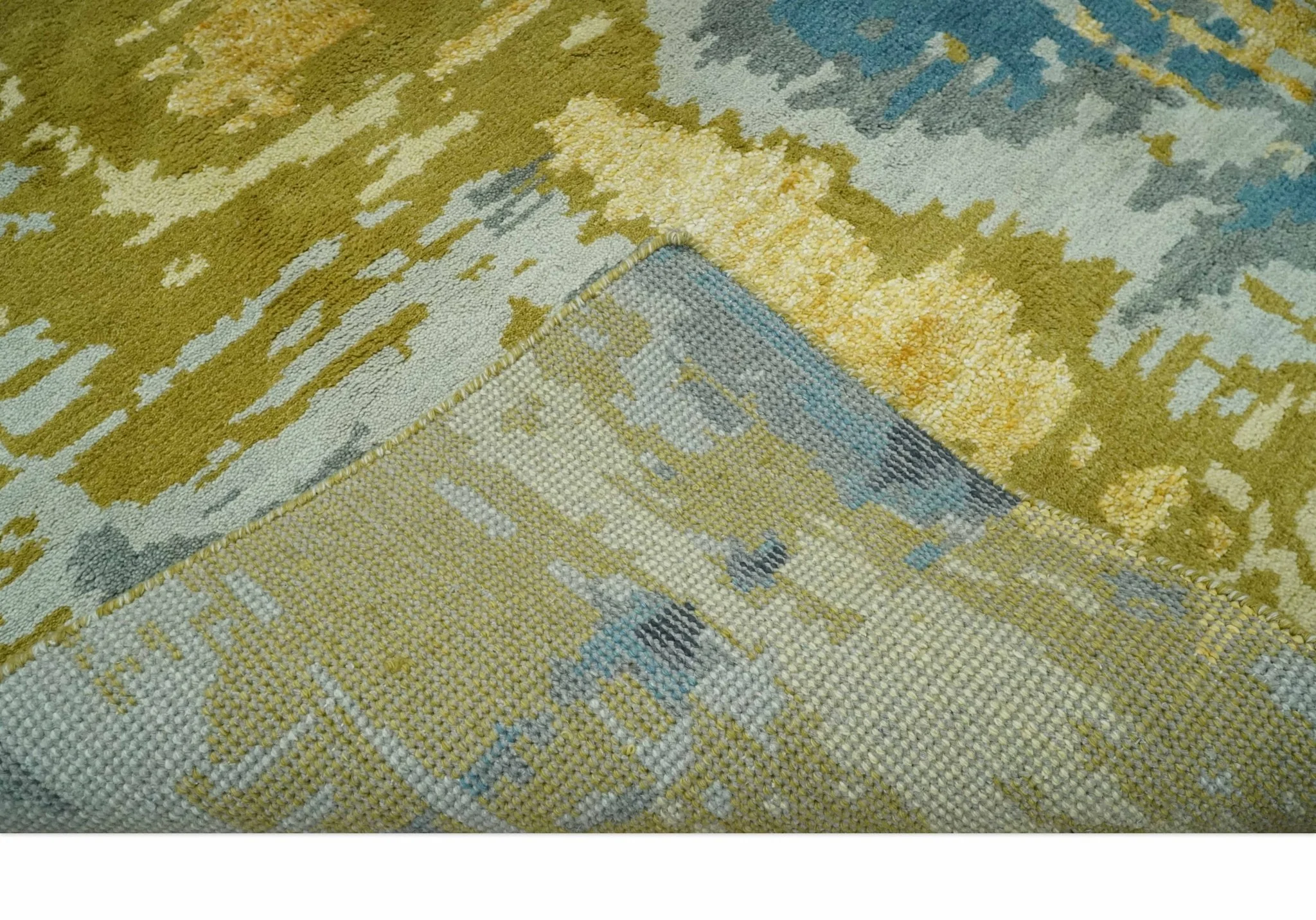 Modern Abstract Olive, Silver, Blue and Charcoal 5x8 Hand Knotted wool Area Rug - Image 6