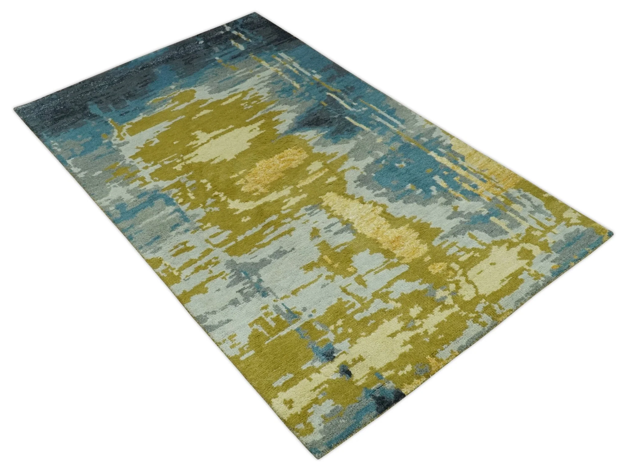 Modern Abstract Olive, Silver, Blue and Charcoal 5x8 Hand Knotted wool Area Rug - Image 9