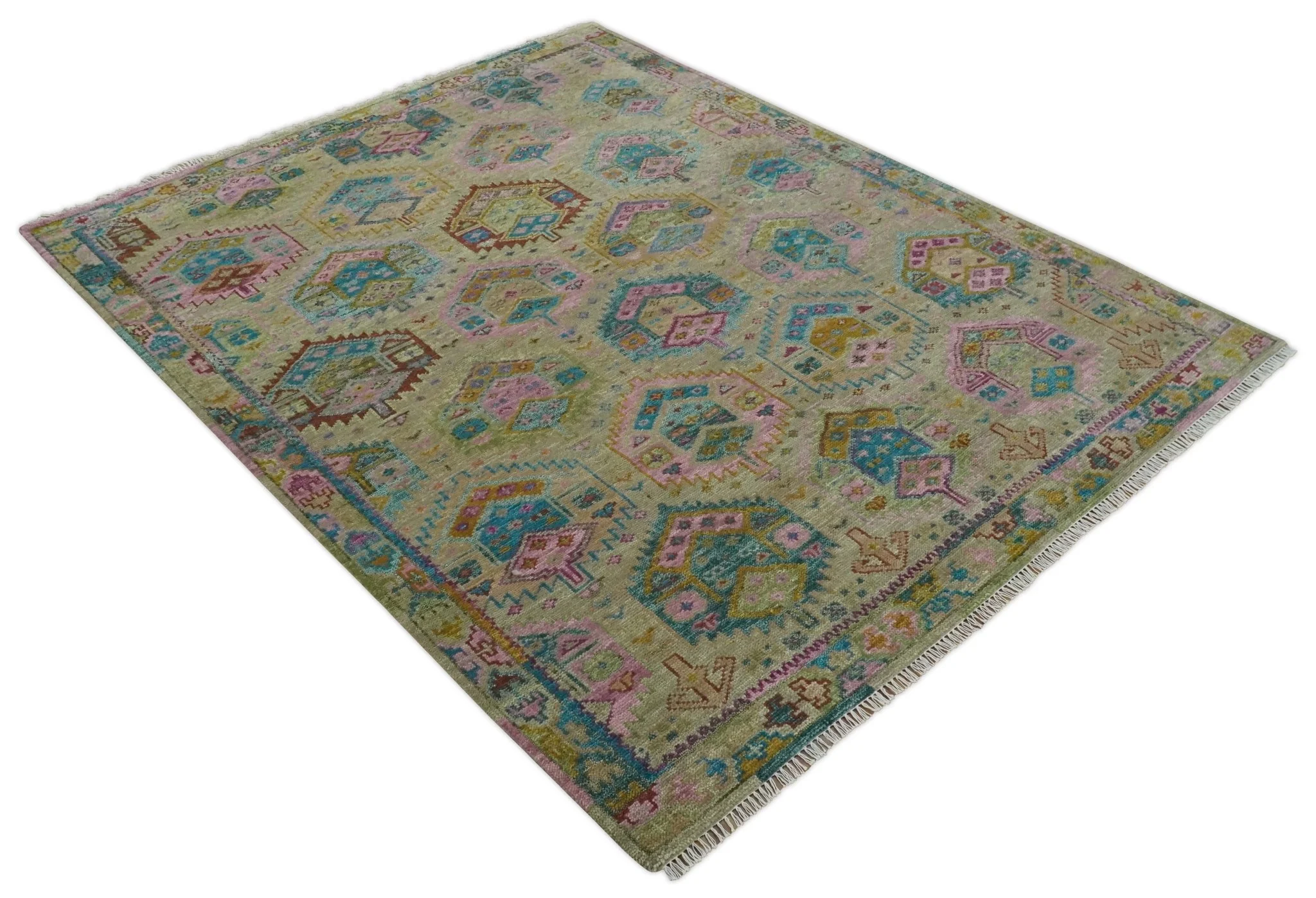 Olive, Teal, Brown and Pink Traditional Ikat Design Hand knotted 8x10 wool Area Rug - Image 10