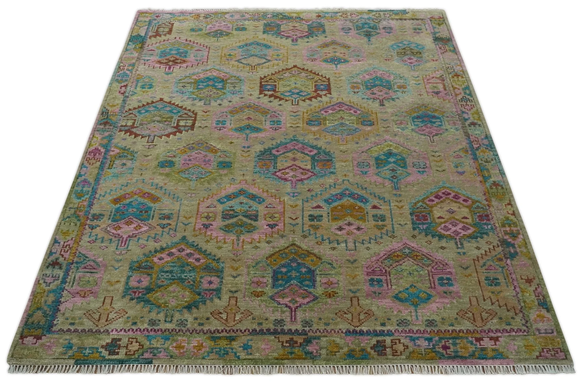 Olive, Teal, Brown and Pink Traditional Ikat Design Hand knotted 8x10 wool Area Rug - Image 11