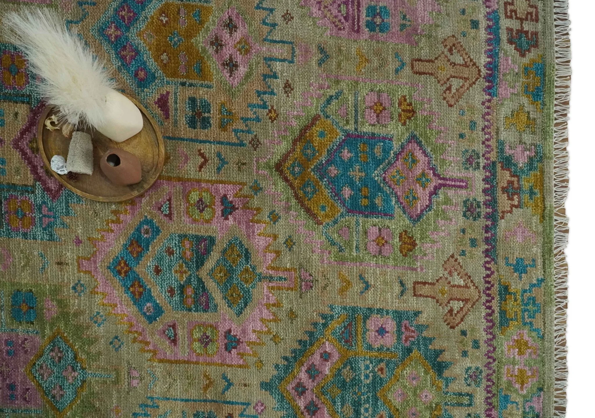 Olive, Teal, Brown and Pink Traditional Ikat Design Hand knotted 8x10 wool Area Rug - Image 12