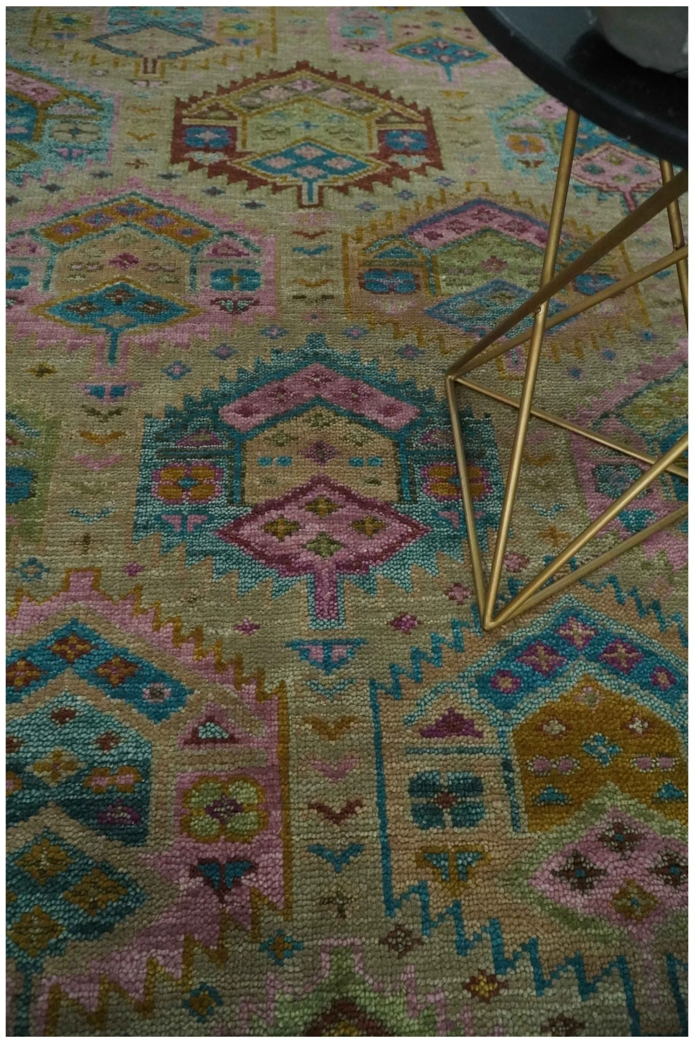 Olive, Teal, Brown and Pink Traditional Ikat Design Hand knotted 8x10 wool Area Rug - Image 2