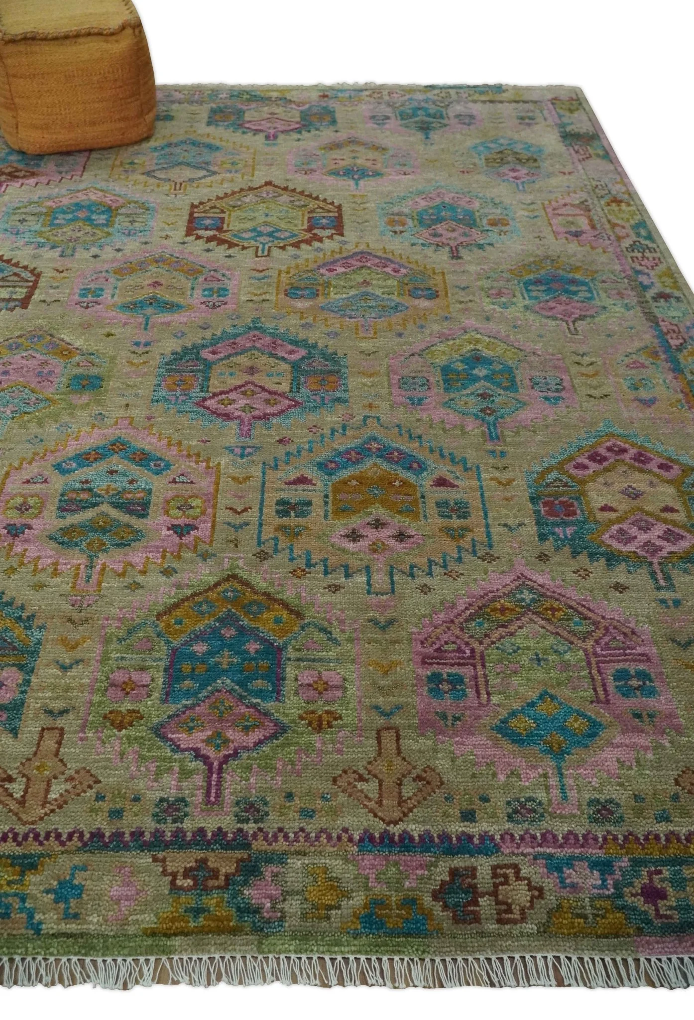 Olive, Teal, Brown and Pink Traditional Ikat Design Hand knotted 8x10 wool Area Rug - Image 3