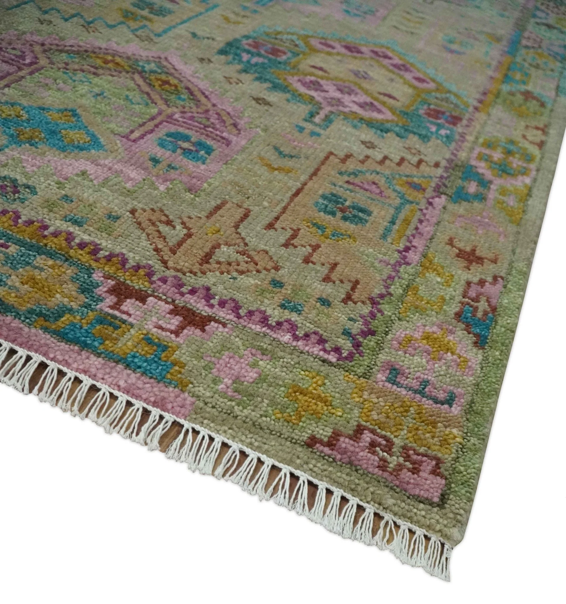Olive, Teal, Brown and Pink Traditional Ikat Design Hand knotted 8x10 wool Area Rug - Image 5