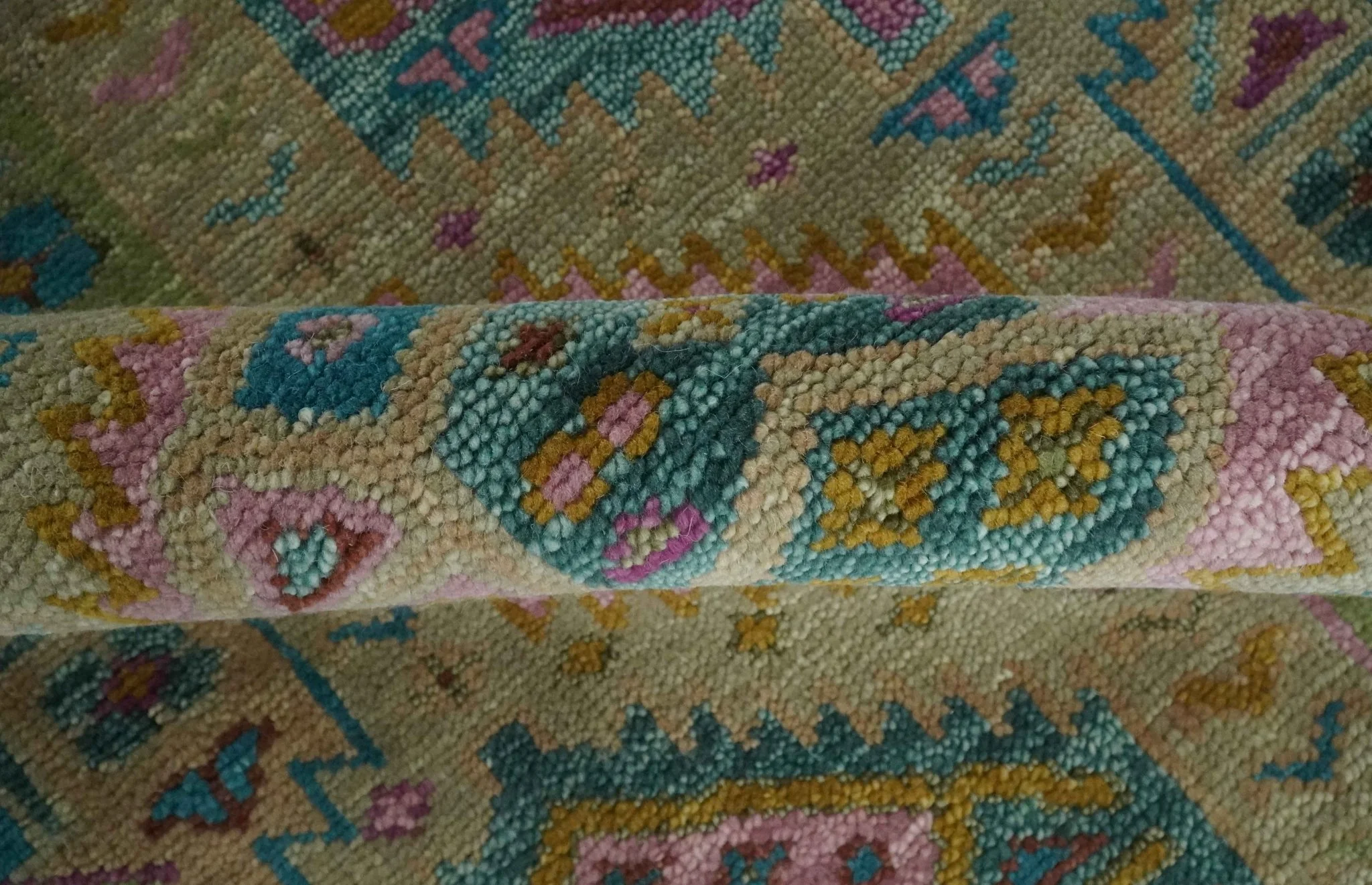 Olive, Teal, Brown and Pink Traditional Ikat Design Hand knotted 8x10 wool Area Rug - Image 6