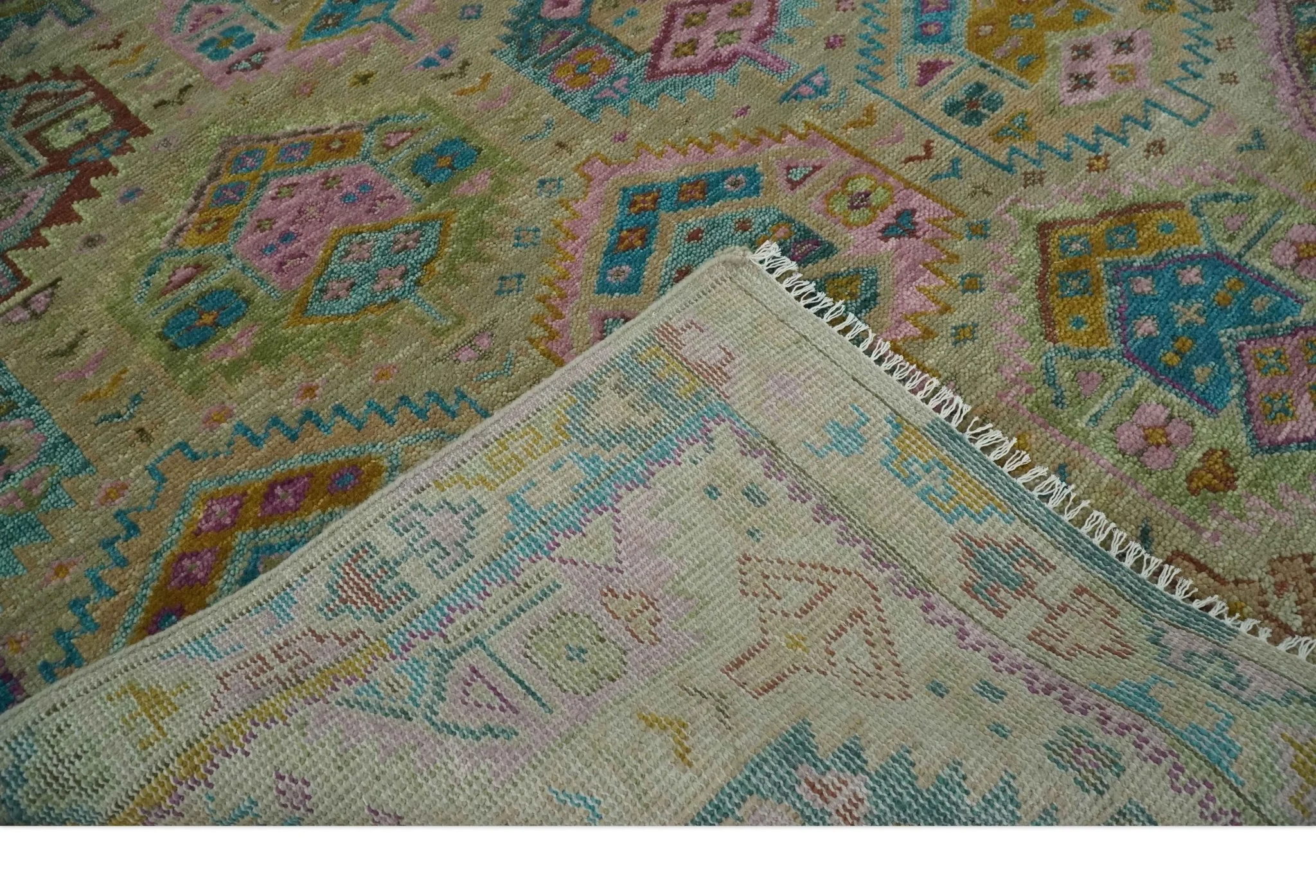 Olive, Teal, Brown and Pink Traditional Ikat Design Hand knotted 8x10 wool Area Rug - Image 7