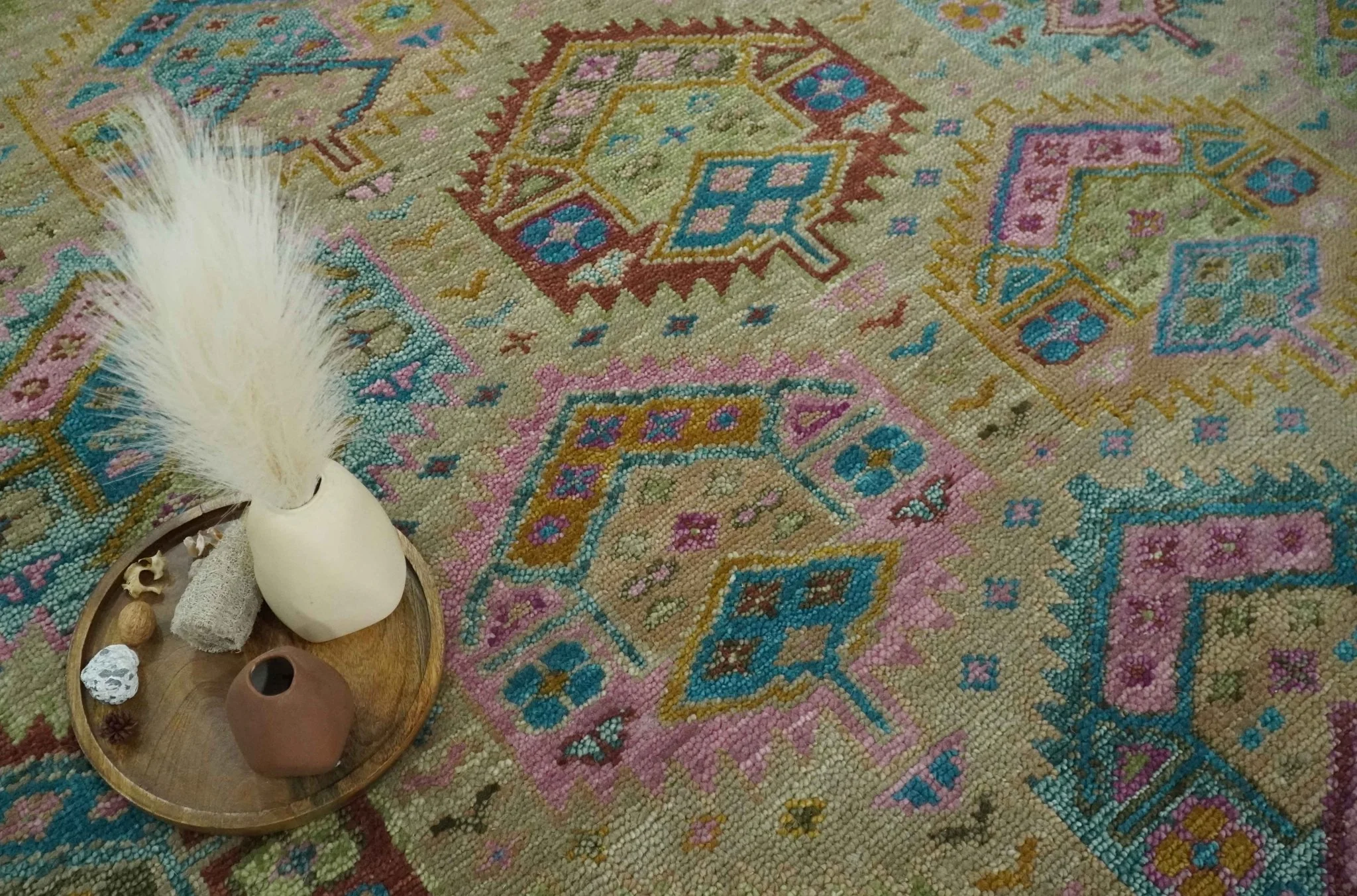 Olive, Teal, Brown and Pink Traditional Ikat Design Hand knotted 8x10 wool Area Rug - Image 8