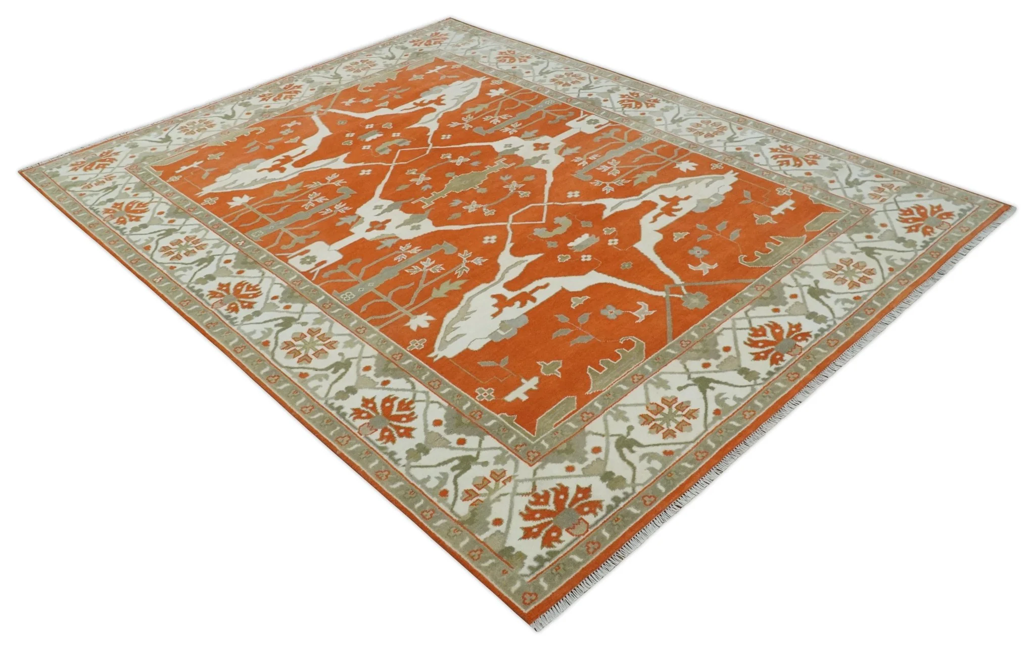 Orange, Ivory and Olive Hand knotted Oriental Oushak Multi Size wool Area Rug - Image 10