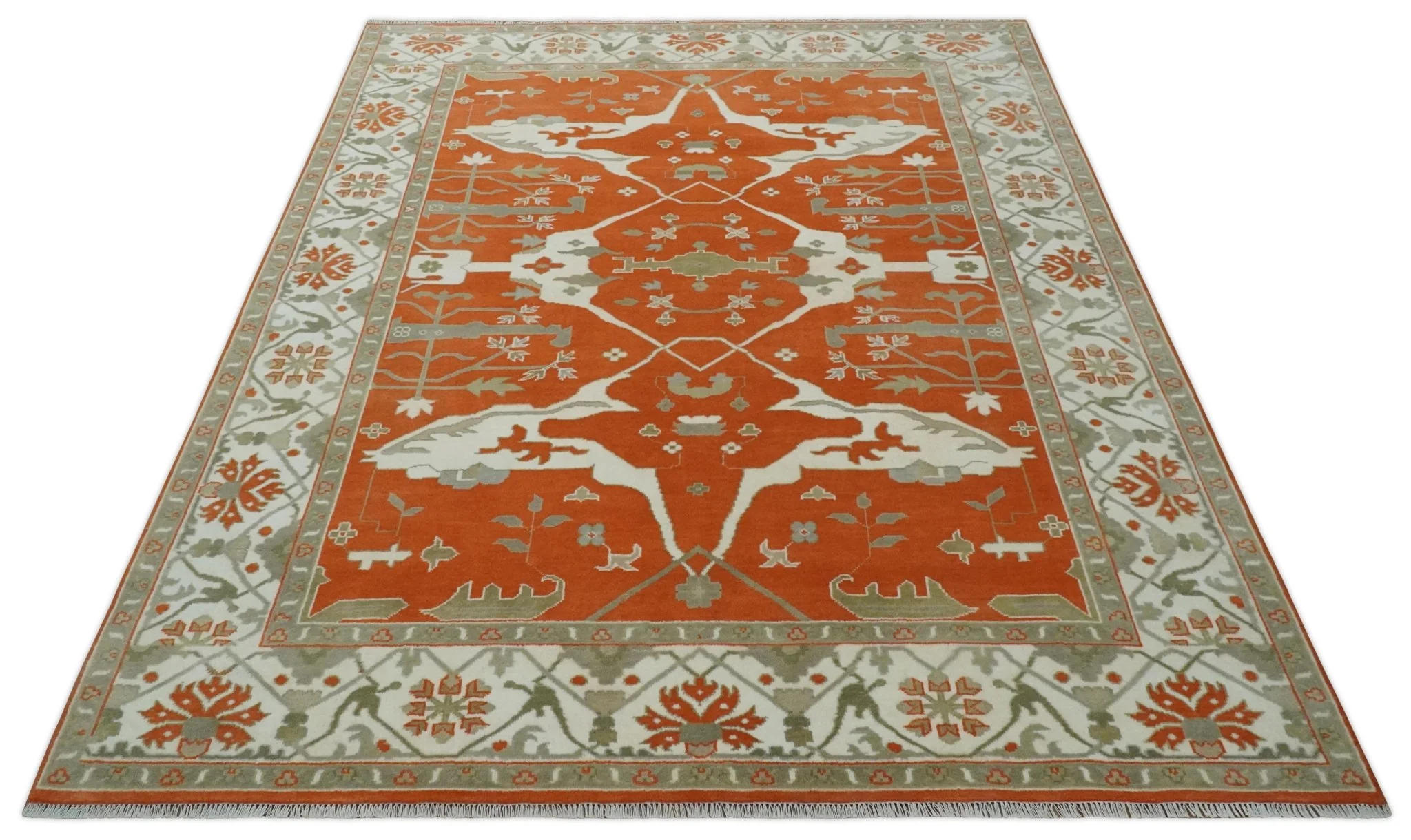 Orange, Ivory and Olive Hand knotted Oriental Oushak Multi Size wool Area Rug - Image 11