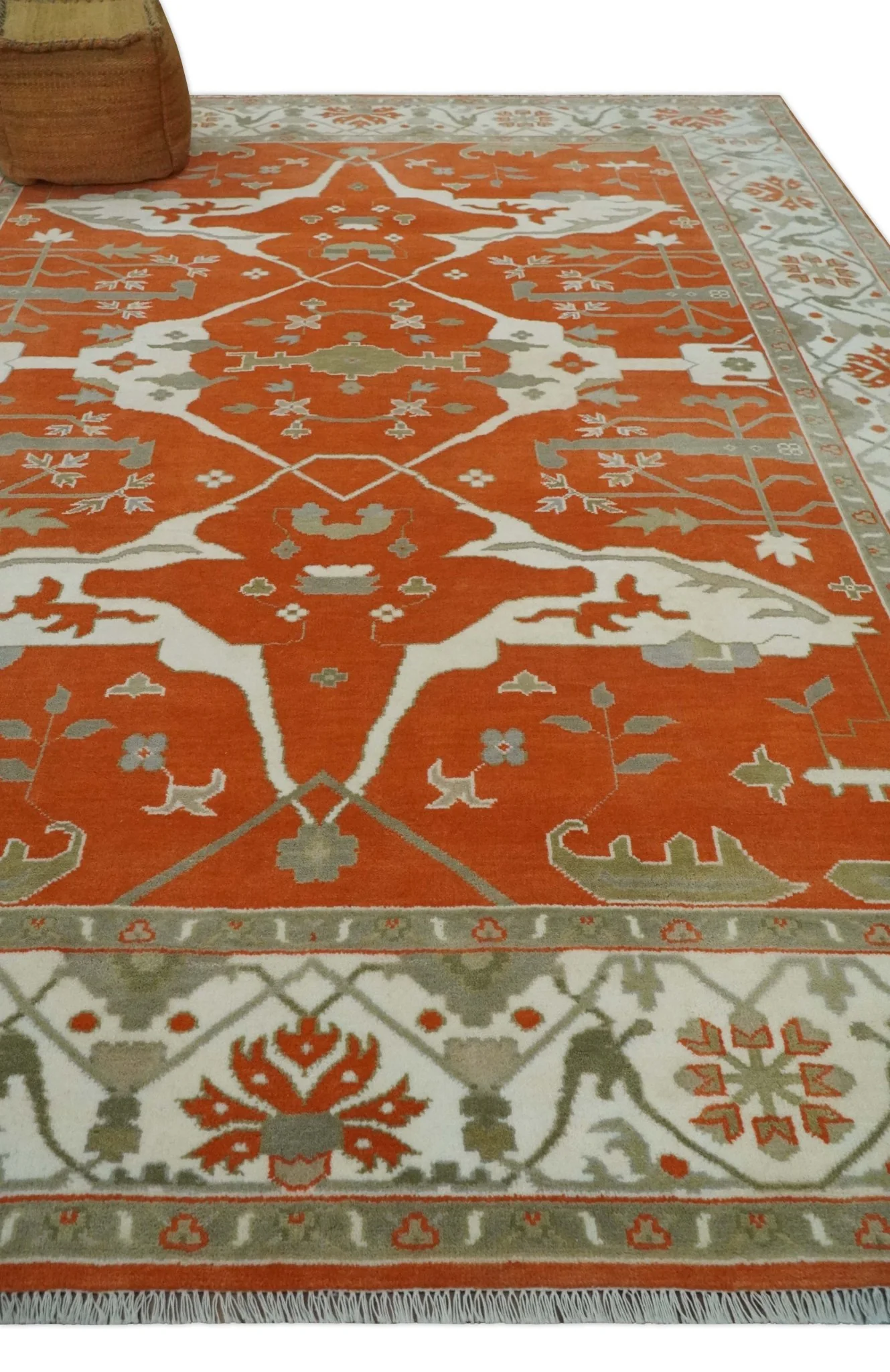 Orange, Ivory and Olive Hand knotted Oriental Oushak Multi Size wool Area Rug - Image 3