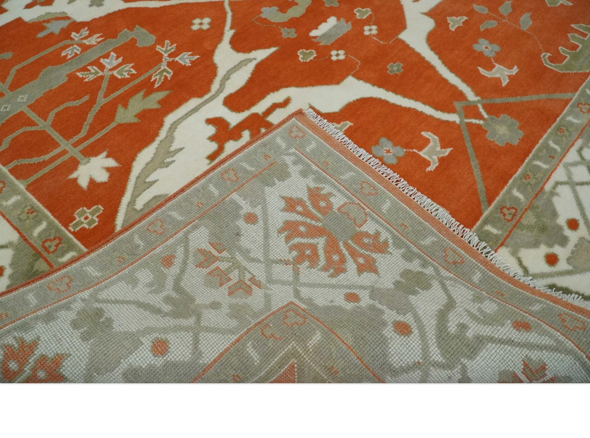 Orange, Ivory and Olive Hand knotted Oriental Oushak Multi Size wool Area Rug - Image 7