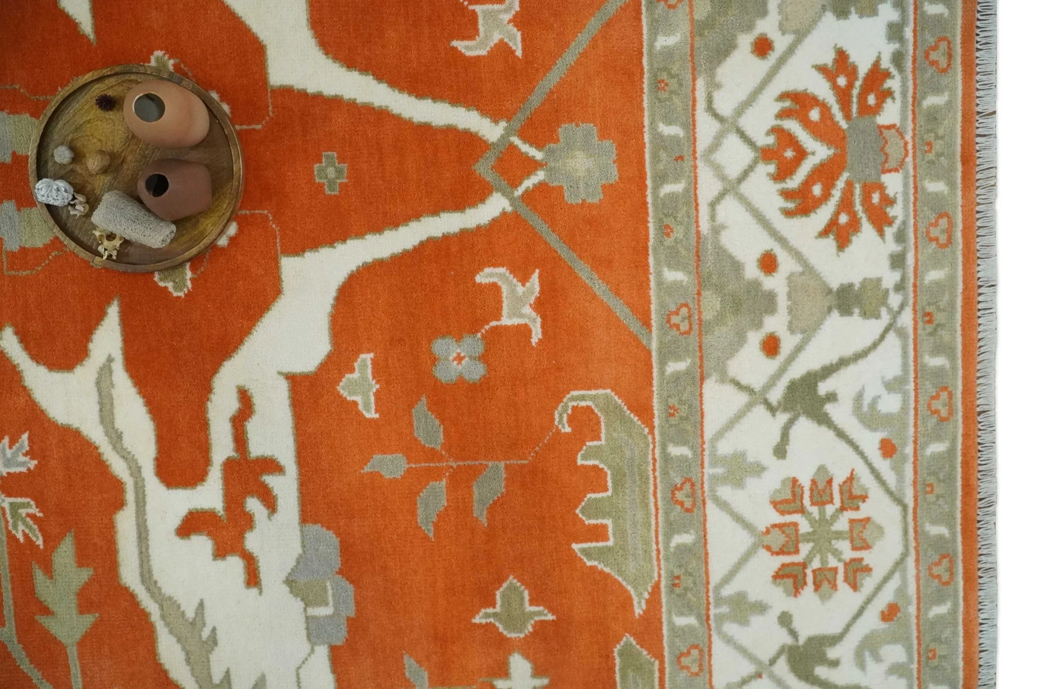 Orange, Ivory and Olive Hand knotted Oriental Oushak 9x12 wool Area Rug - Image 10