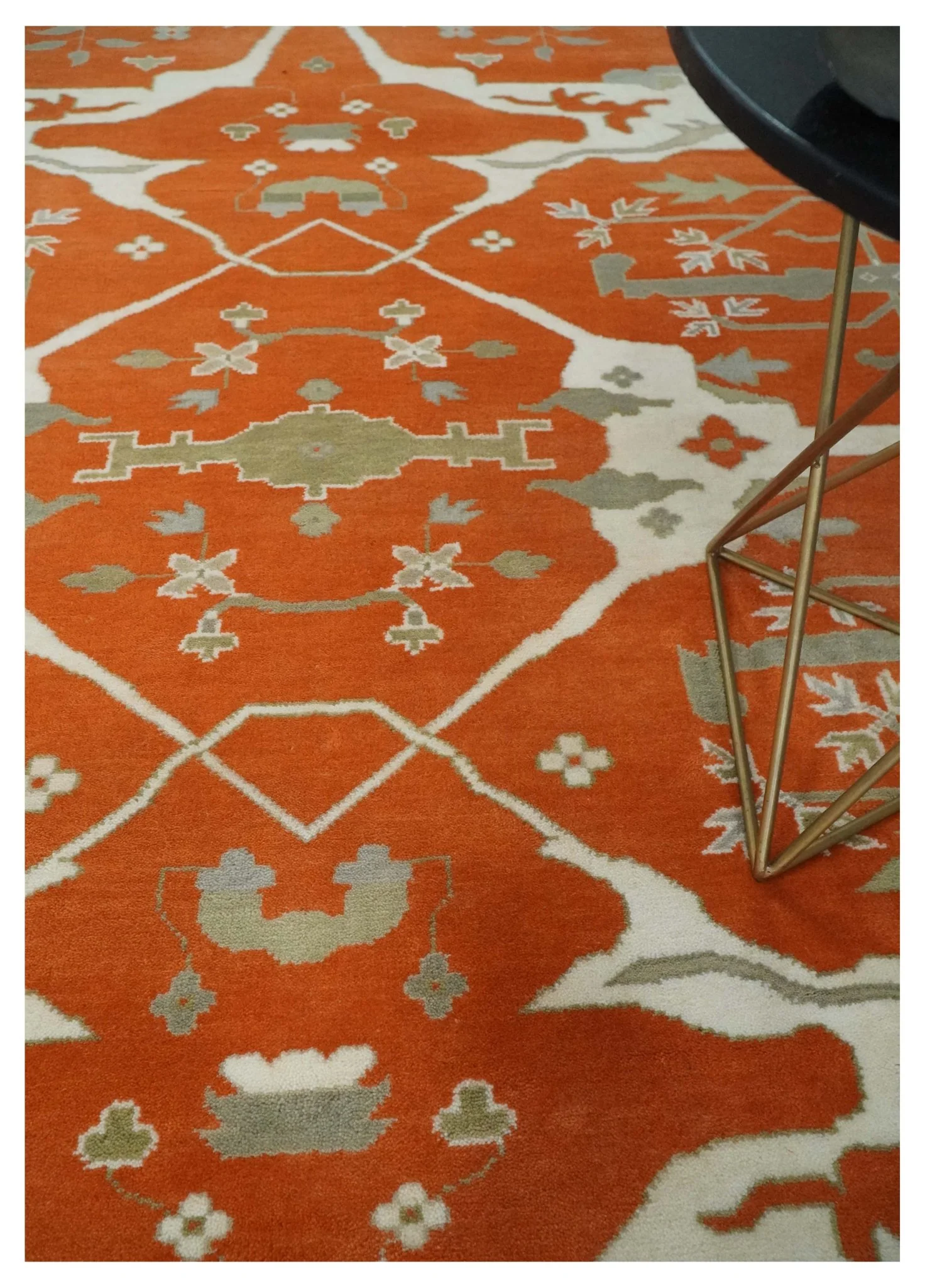 Orange, Ivory and Olive Hand knotted Oriental Oushak 9x12 wool Area Rug - Image 3