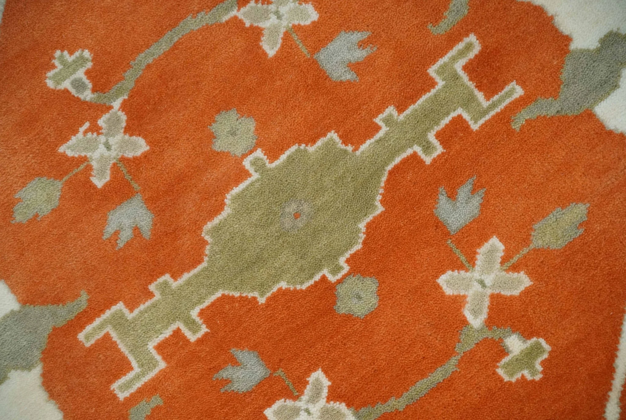 Orange, Ivory and Olive Hand knotted Oriental Oushak 9x12 wool Area Rug - Image 5