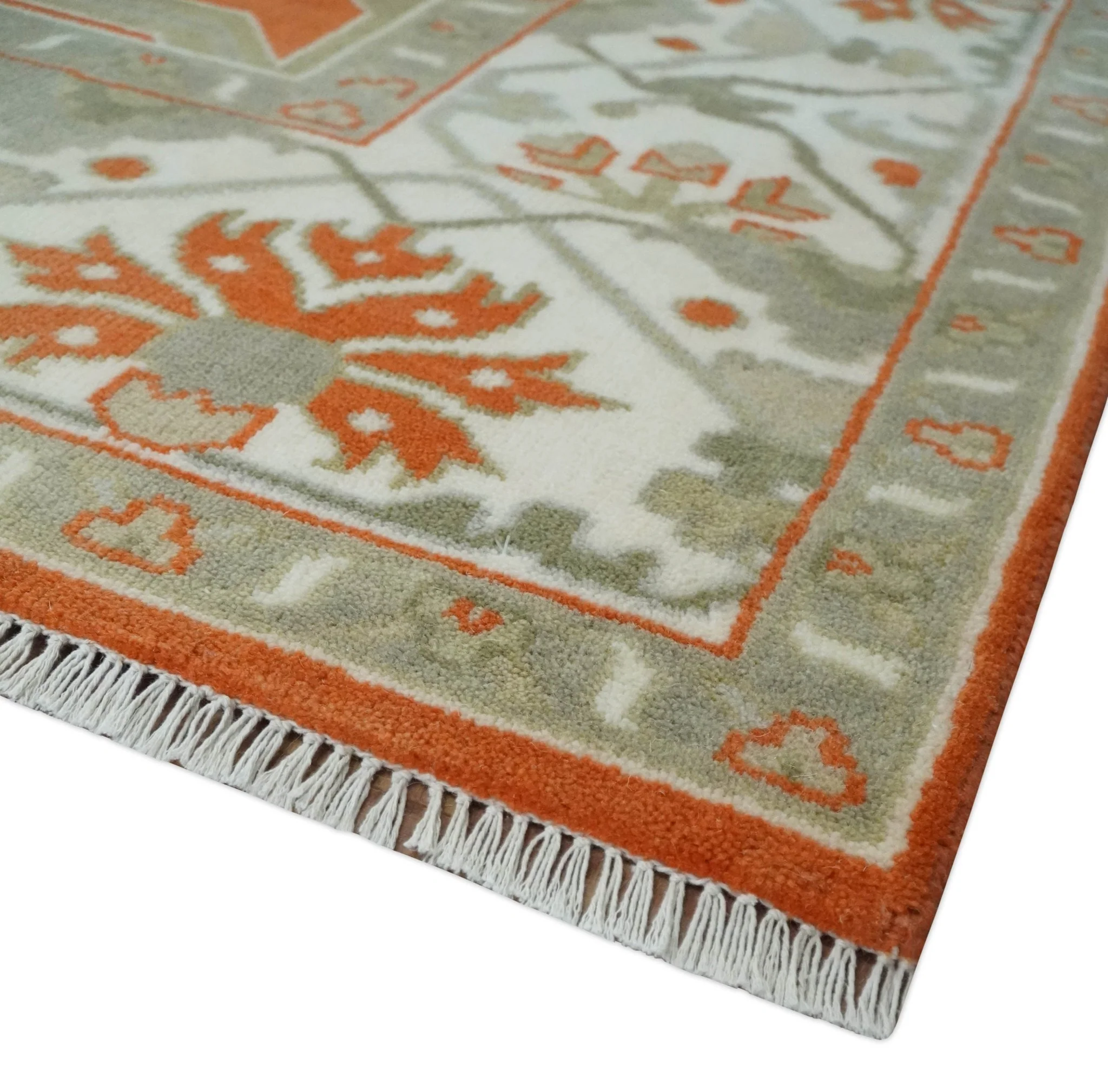 Orange, Ivory and Olive Hand knotted Oriental Oushak 9x12 wool Area Rug - Image 6