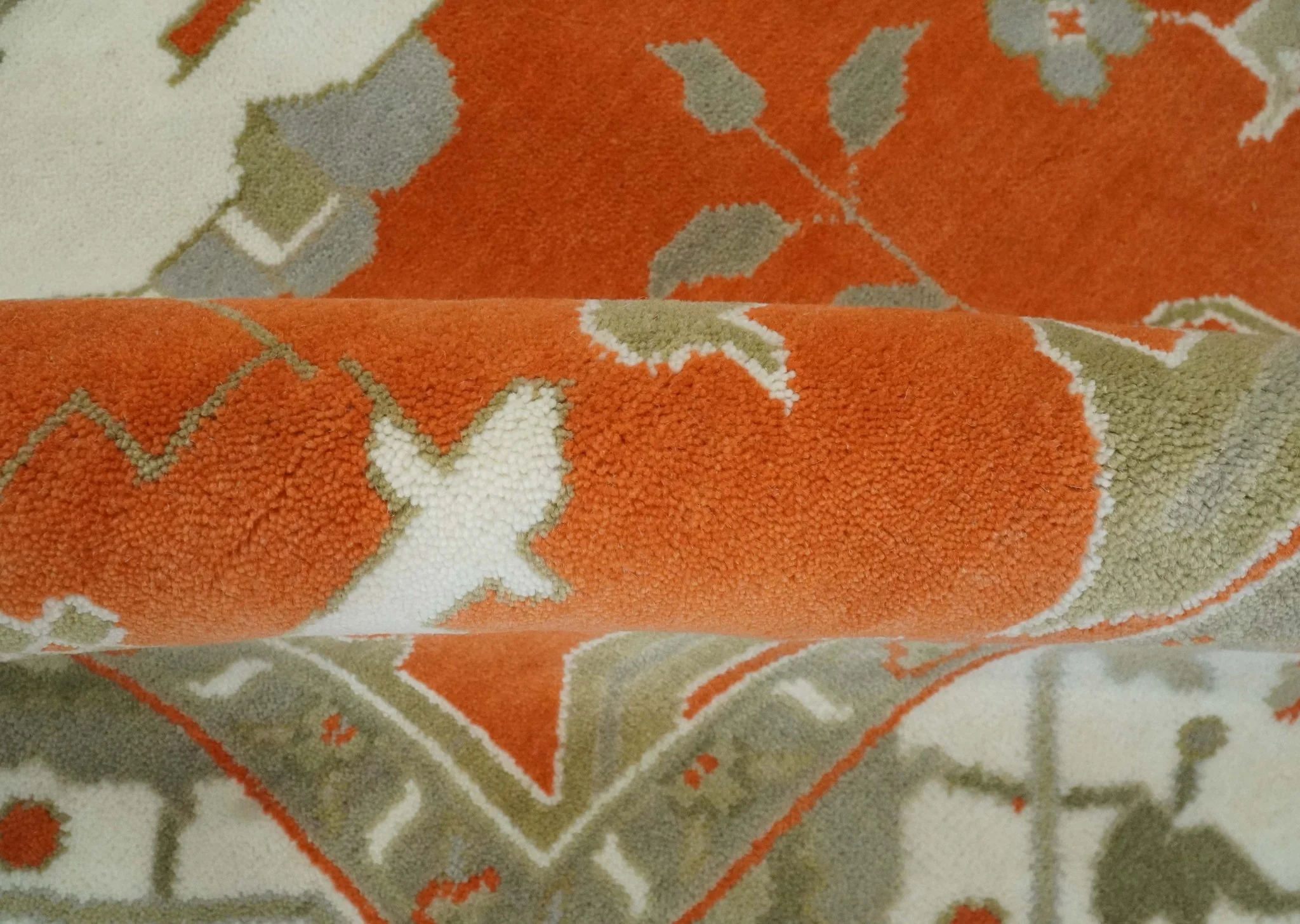 Orange, Ivory and Olive Hand knotted Oriental Oushak 9x12 wool Area Rug - Image 7