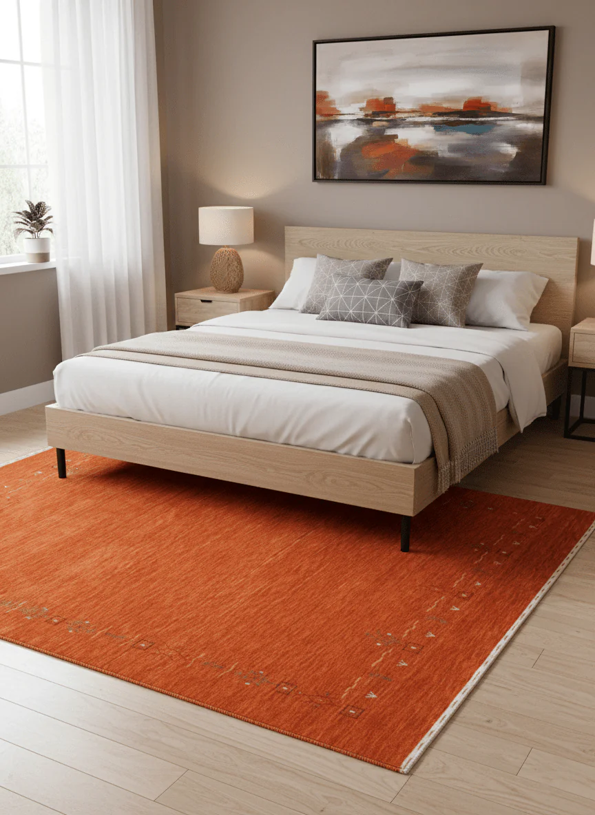 Orange Modern Geometrical Tribal Border Hand Loomed Wool Area Rug - Image 2