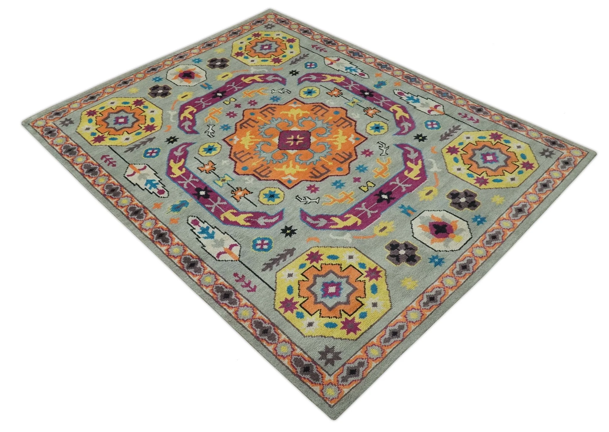 Orange, Silver and Mustard Traditional Mamluk Design Medallion Multi Size wool Area Rug - Image 10