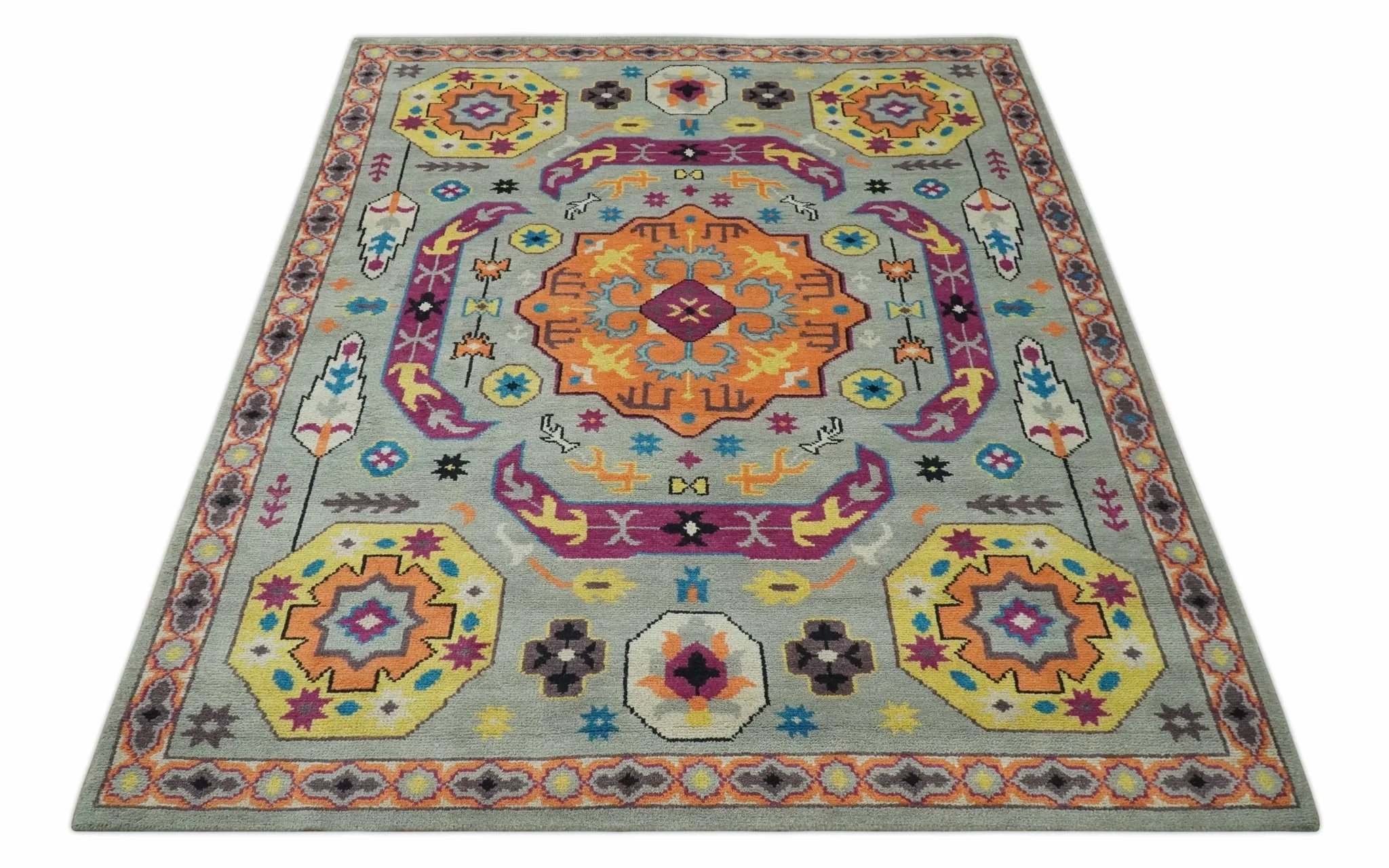 Orange, Silver and Mustard Traditional Mamluk Design Medallion Multi Size wool Area Rug - Image 11