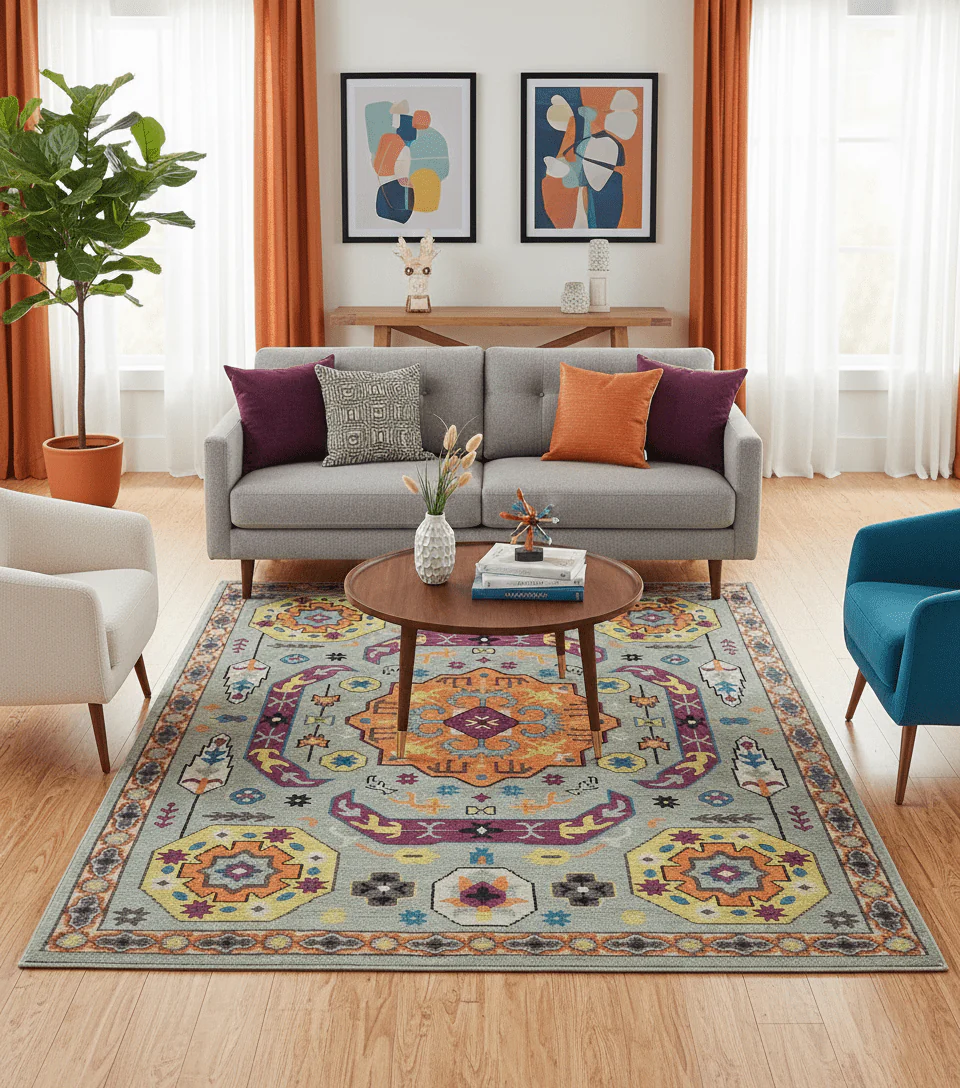 Orange, Silver and Mustard Traditional Mamluk Design Medallion Multi Size wool Area Rug - Image 2