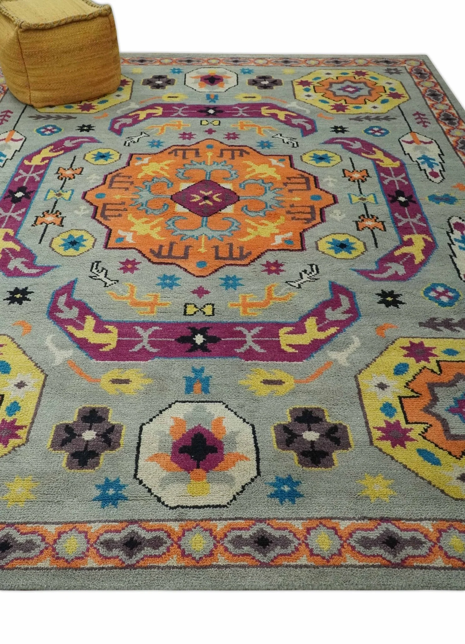 Orange, Silver and Mustard Traditional Mamluk Design Medallion Multi Size wool Area Rug - Image 4