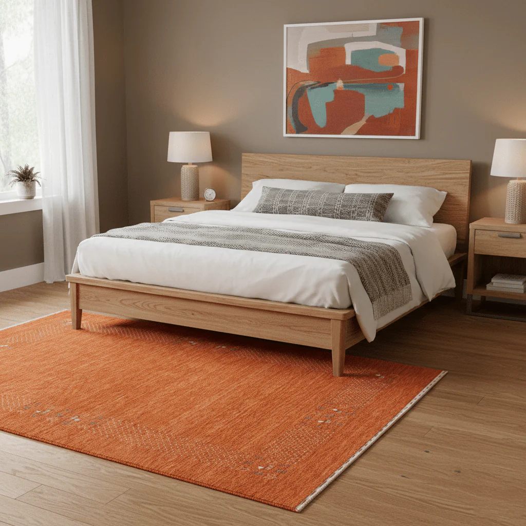 Orange Solid ground with Border Pattern Loomed Wool Area Rug - Image 2