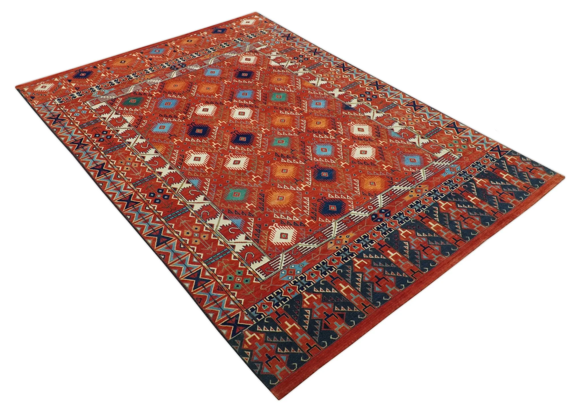 Rust Traditional Tribal Design 8x11.7 Hand Knotted wool Area Rug - Image 3