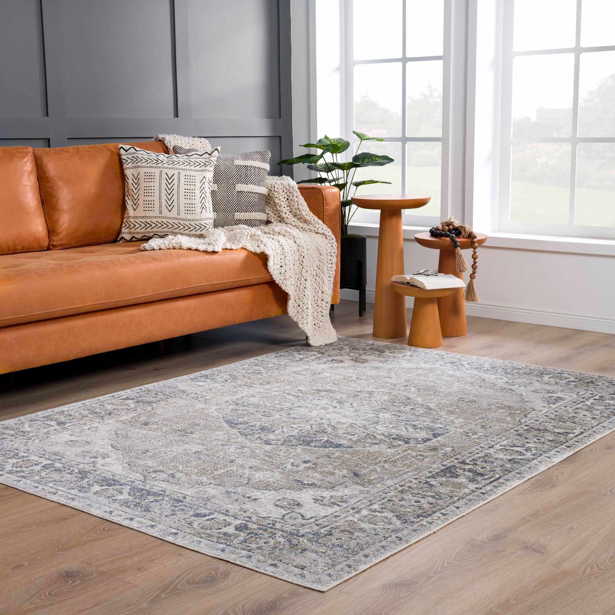 Traditional Oriental Light Brown and Blue and Medallion Design Low pile Area Rug - Image 17