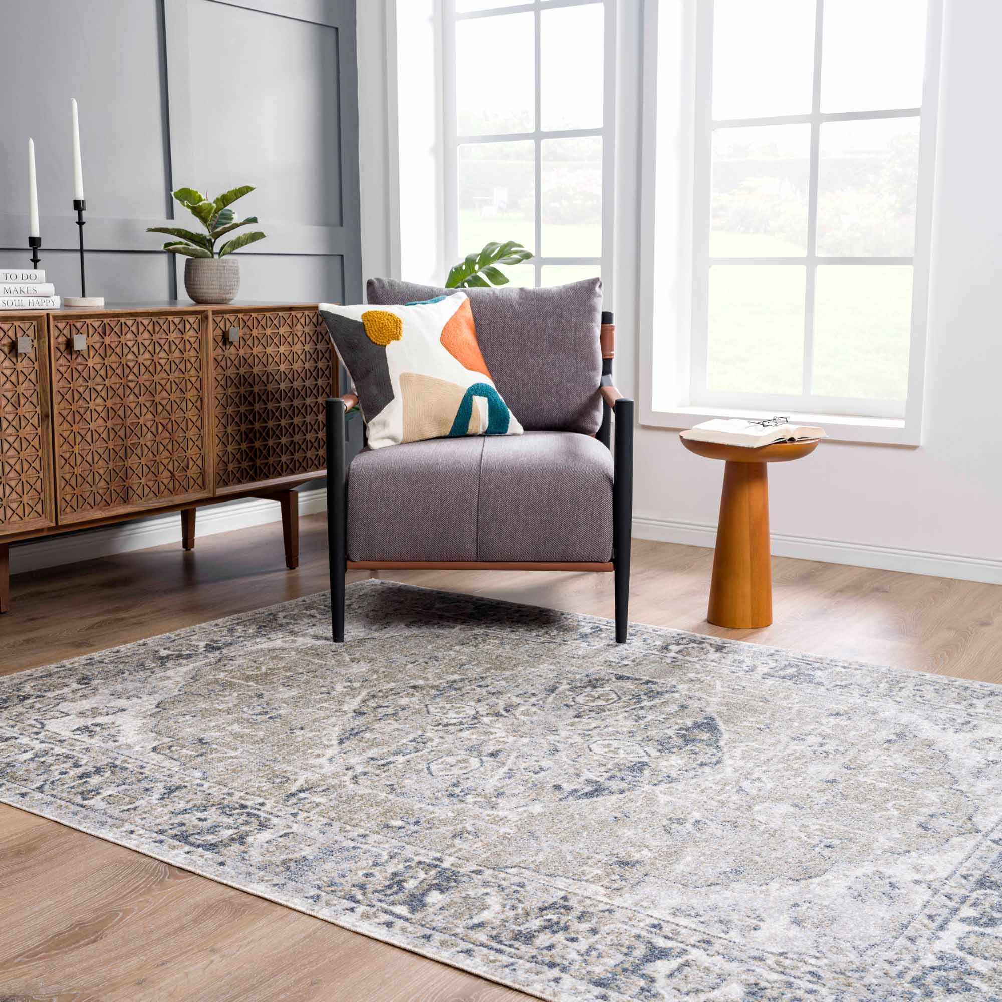 Traditional Oriental Light Brown and Blue and Medallion Design Low pile Area Rug - Image 28