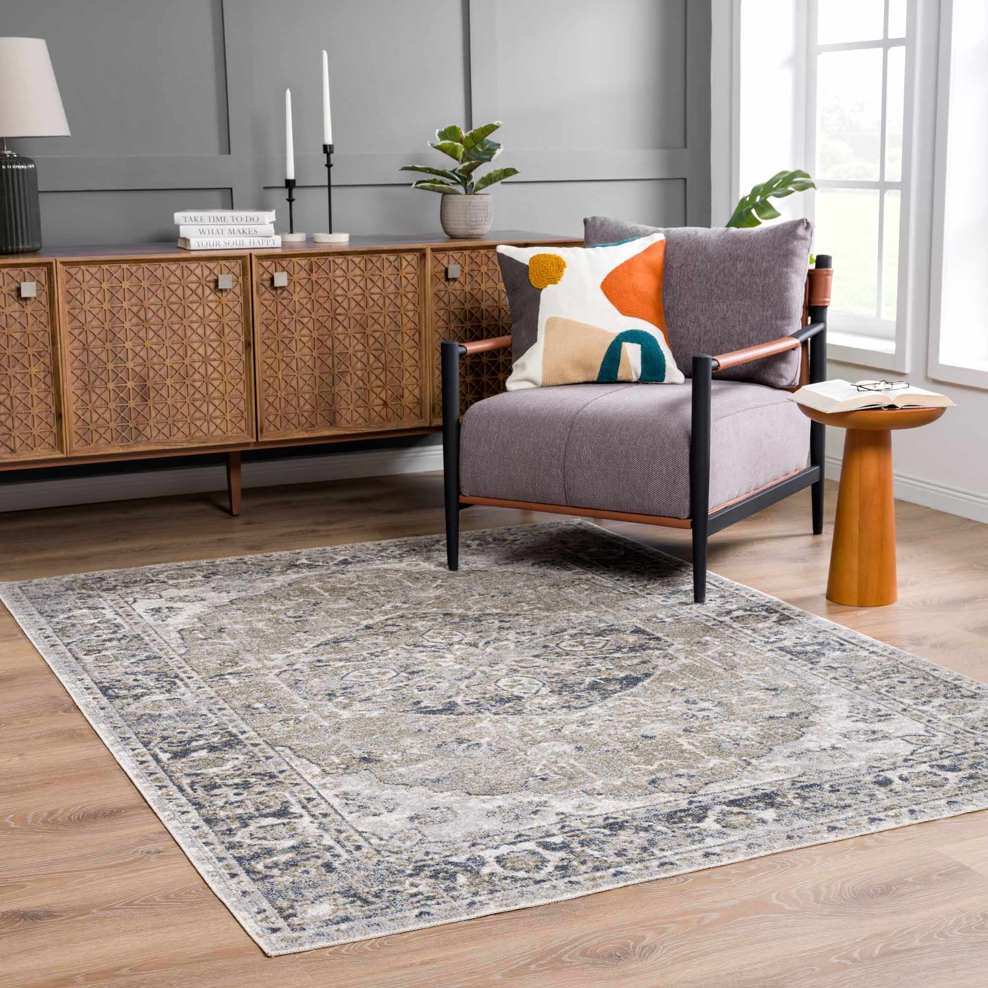 Traditional Oriental Light Brown and Blue and Medallion Design Low pile Area Rug - Image 30