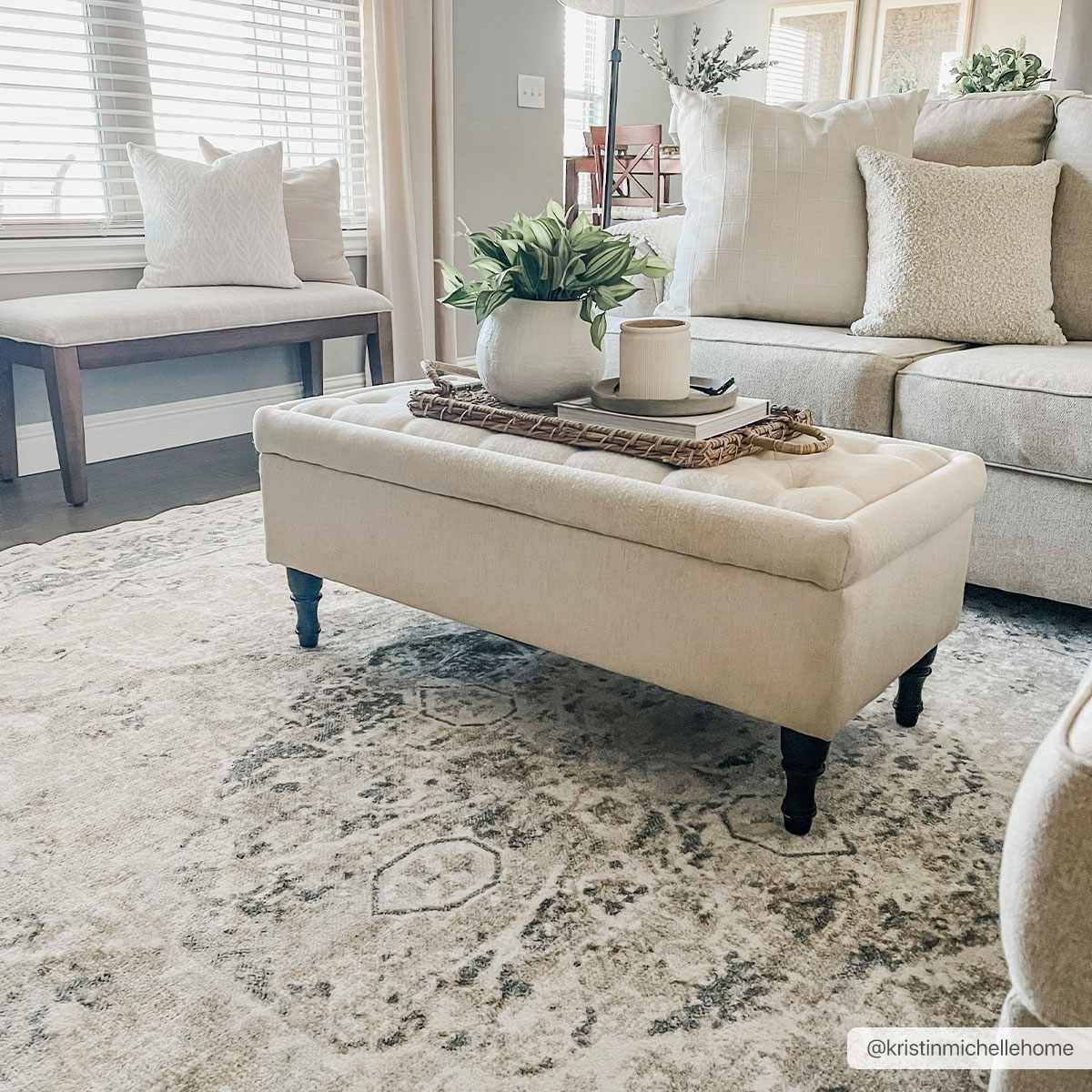 Traditional Oriental Light Brown and Blue and Medallion Design Low pile Area Rug - Image 6