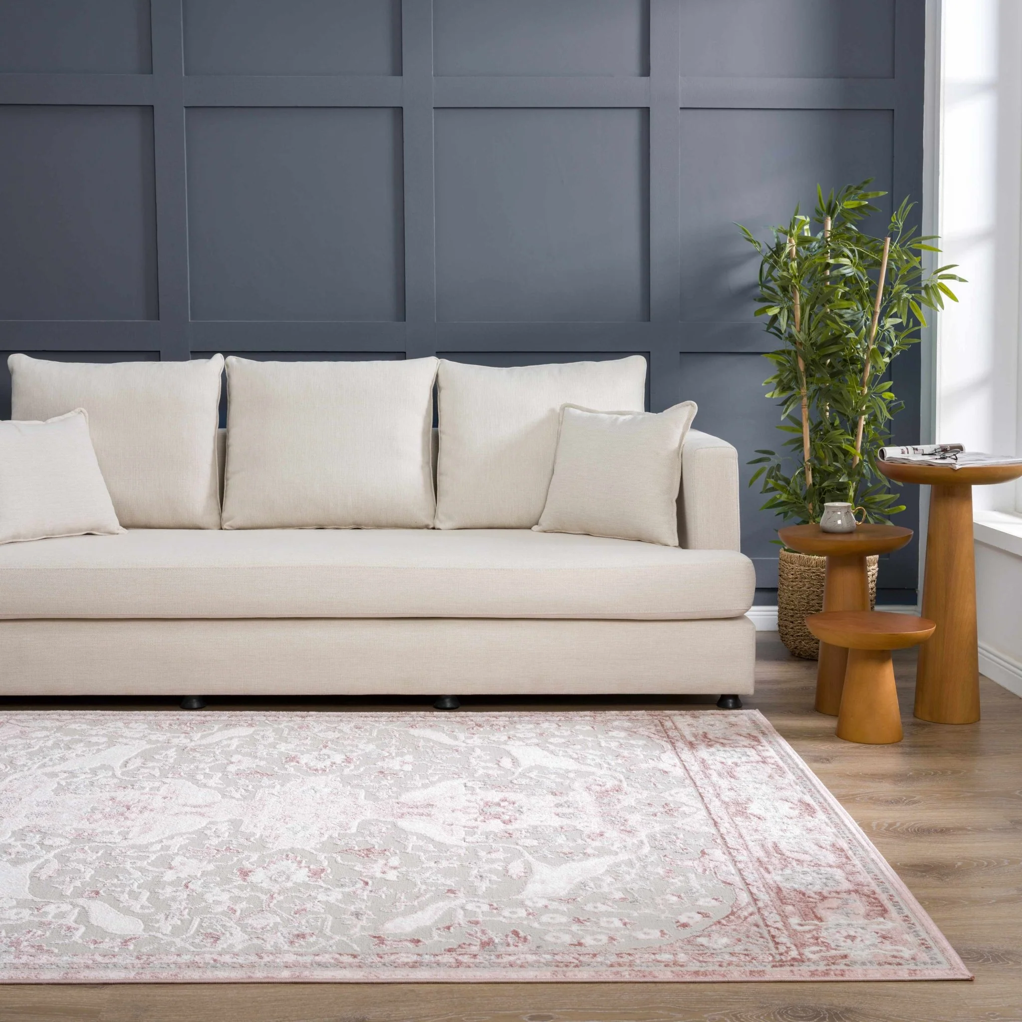 Oriental Medallion Design Light Pink and Beige high pile Area Rug - Image 14