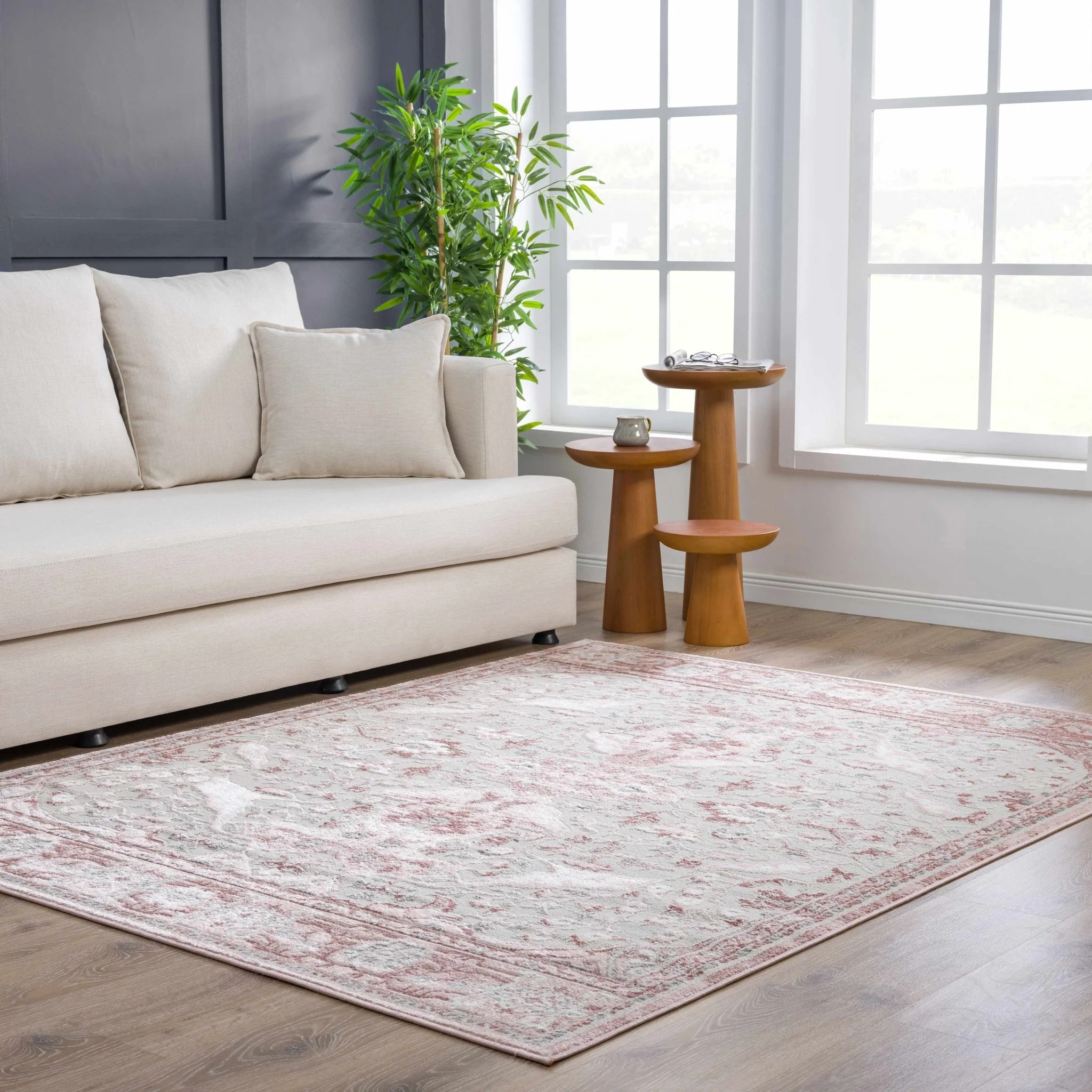 Oriental Medallion Design Light Pink and Beige high pile Area Rug - Image 15