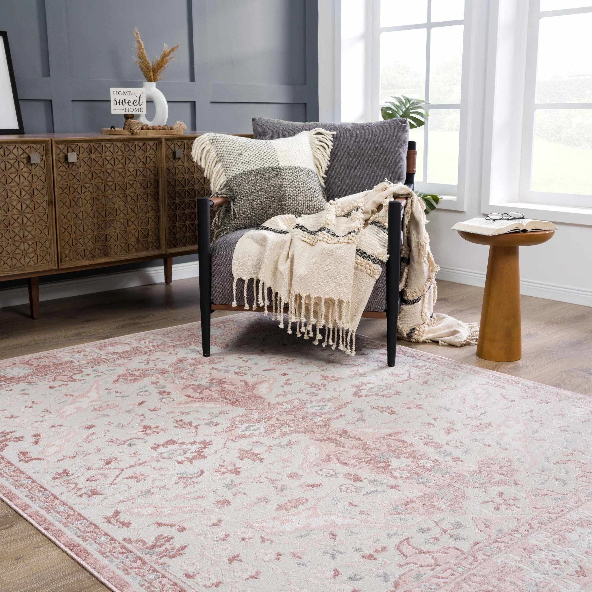 Oriental Medallion Design Light Pink and Beige high pile Area Rug - Image 2