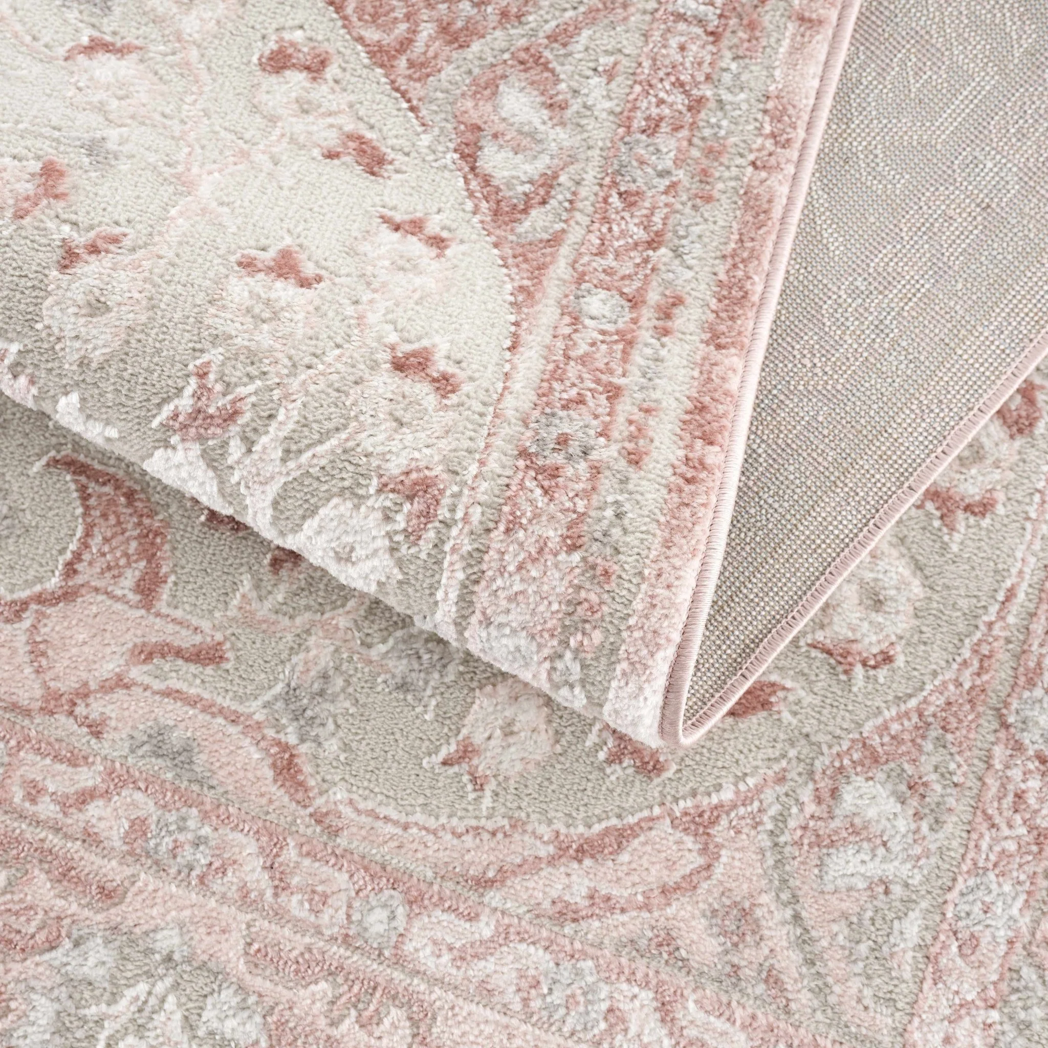 Oriental Medallion Design Light Pink and Beige high pile Area Rug - Image 7