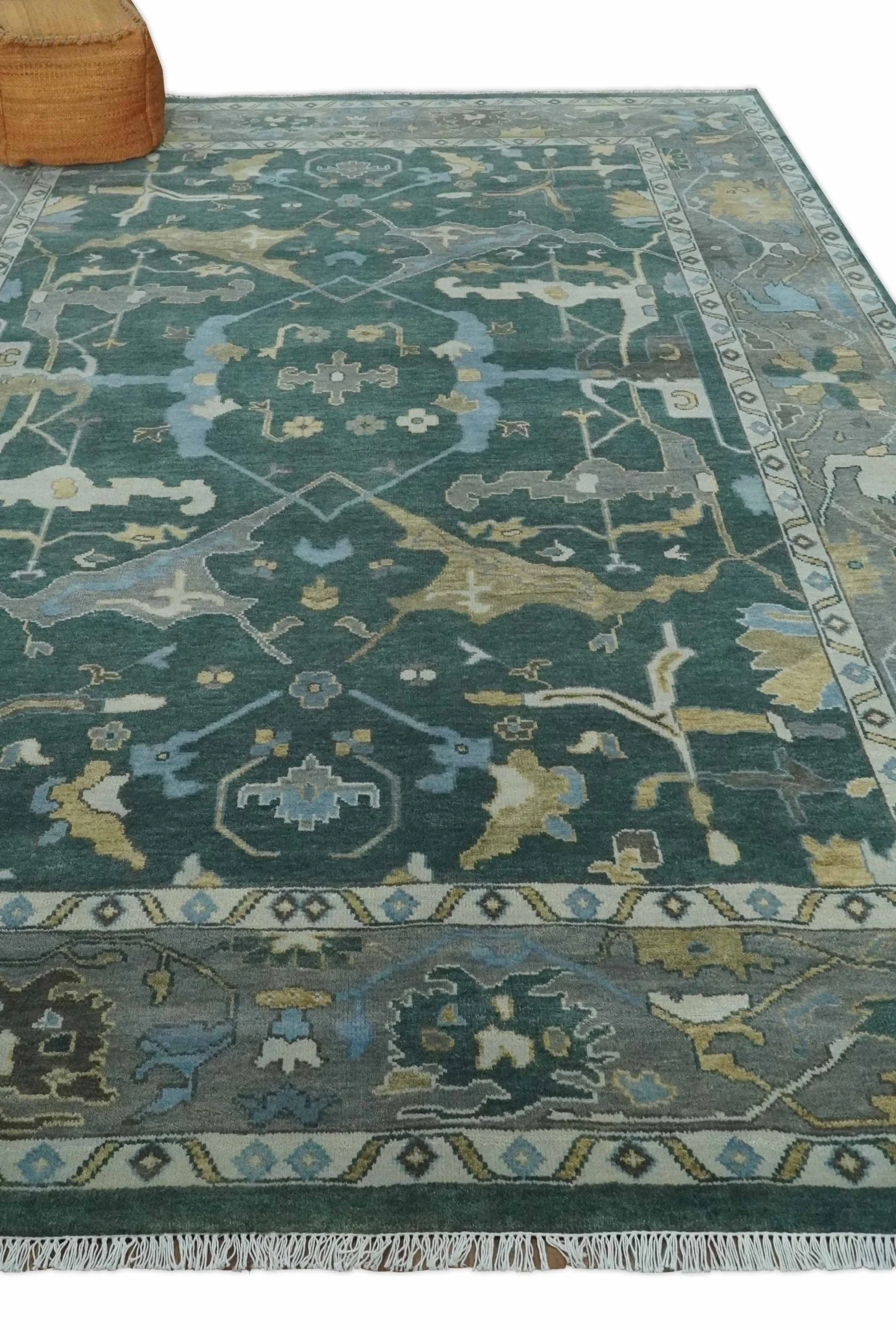Oriental Oushak Teal Green and Gray 9x12 Hand Knotted Wool Area Rug - Image 3