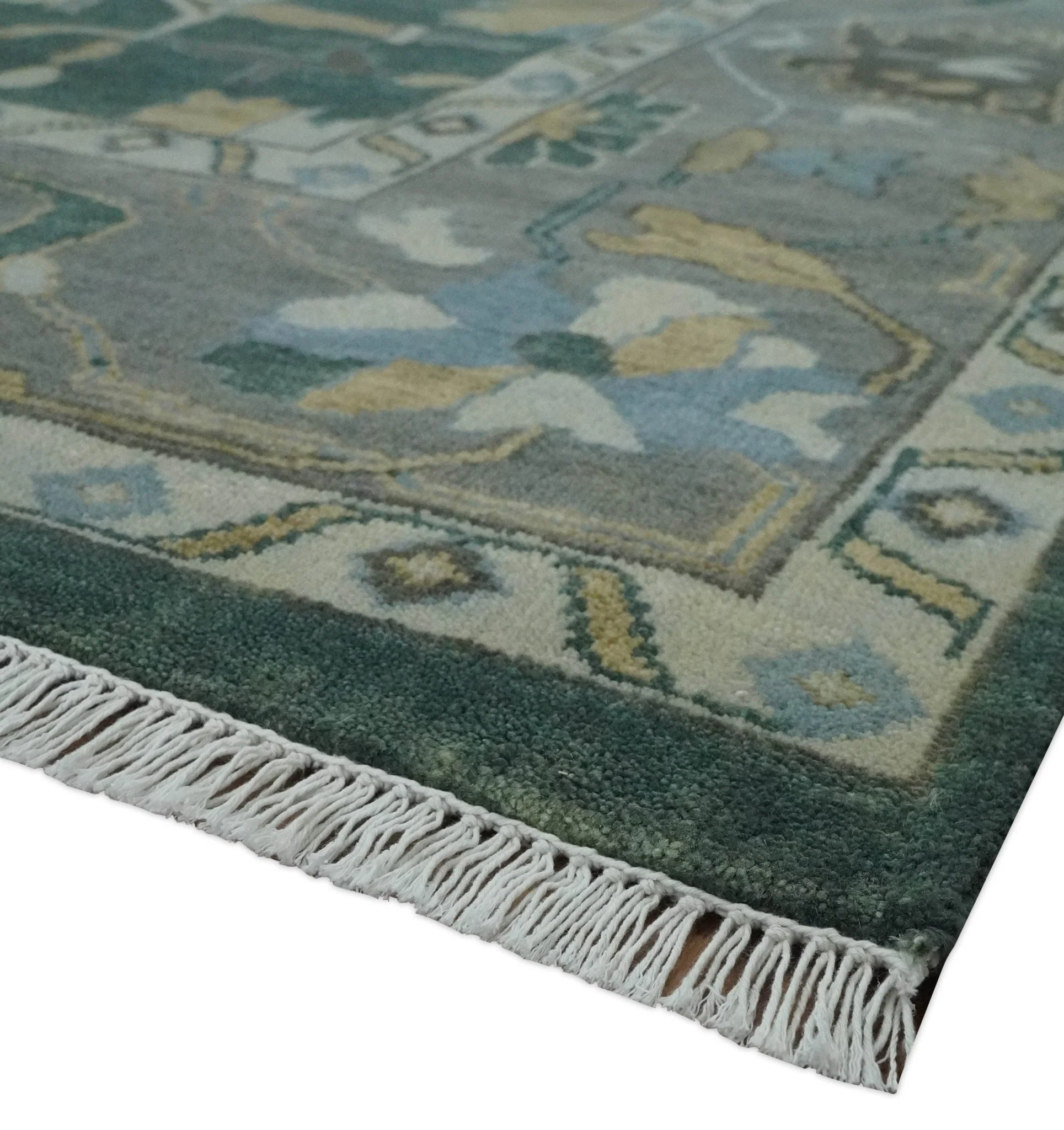 Oriental Oushak Teal Green and Gray 9x12 Hand Knotted Wool Area Rug - Image 5
