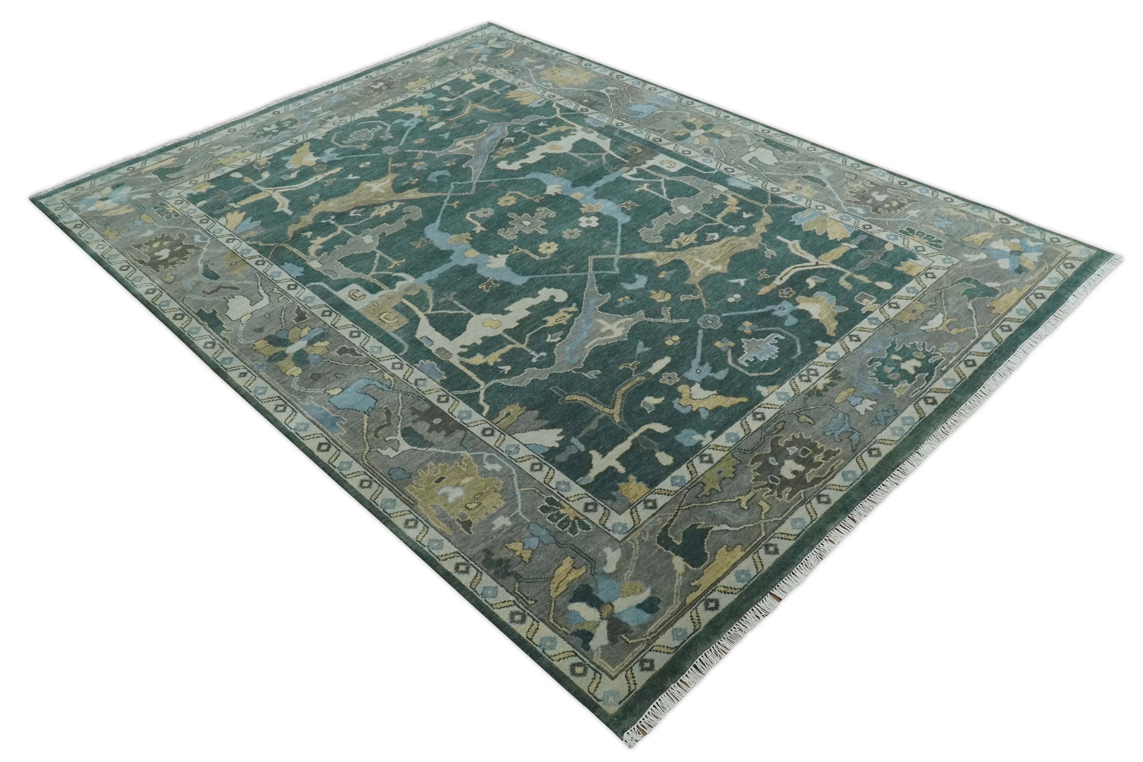 Oriental Oushak Teal Green and Gray 9x12 Hand Knotted Wool Area Rug - Image 9