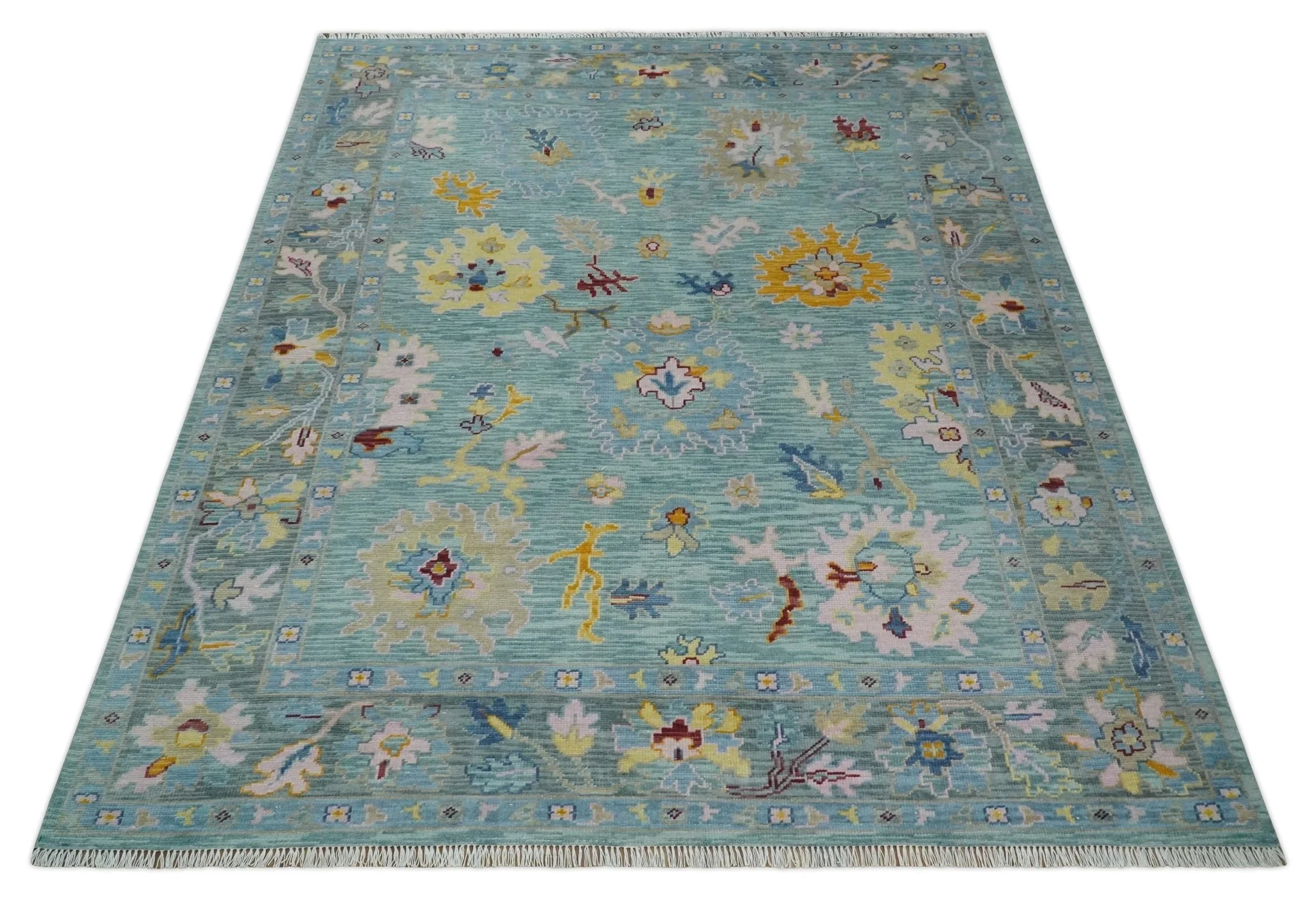 Aqua and Gray Vibrant colorful Hand knotted Oushak Multi Size Wool Area Rug - Image 10