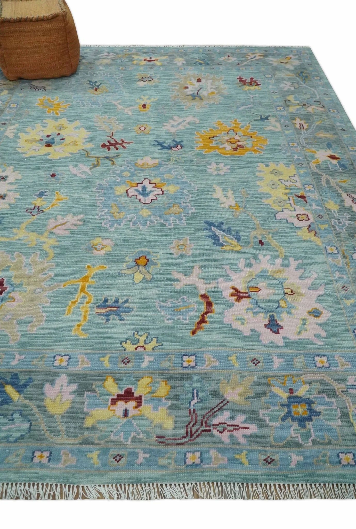 Aqua and Gray Vibrant colorful Hand knotted Oushak Multi Size Wool Area Rug - Image 3